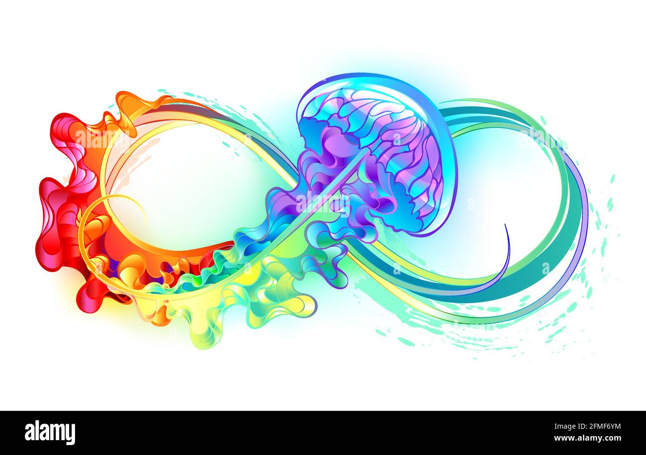 Multicolor infinity symbol with rainbow bright jellyfish decorated with long tentacles on white background. Rainbow jellyfish. Stock Vector