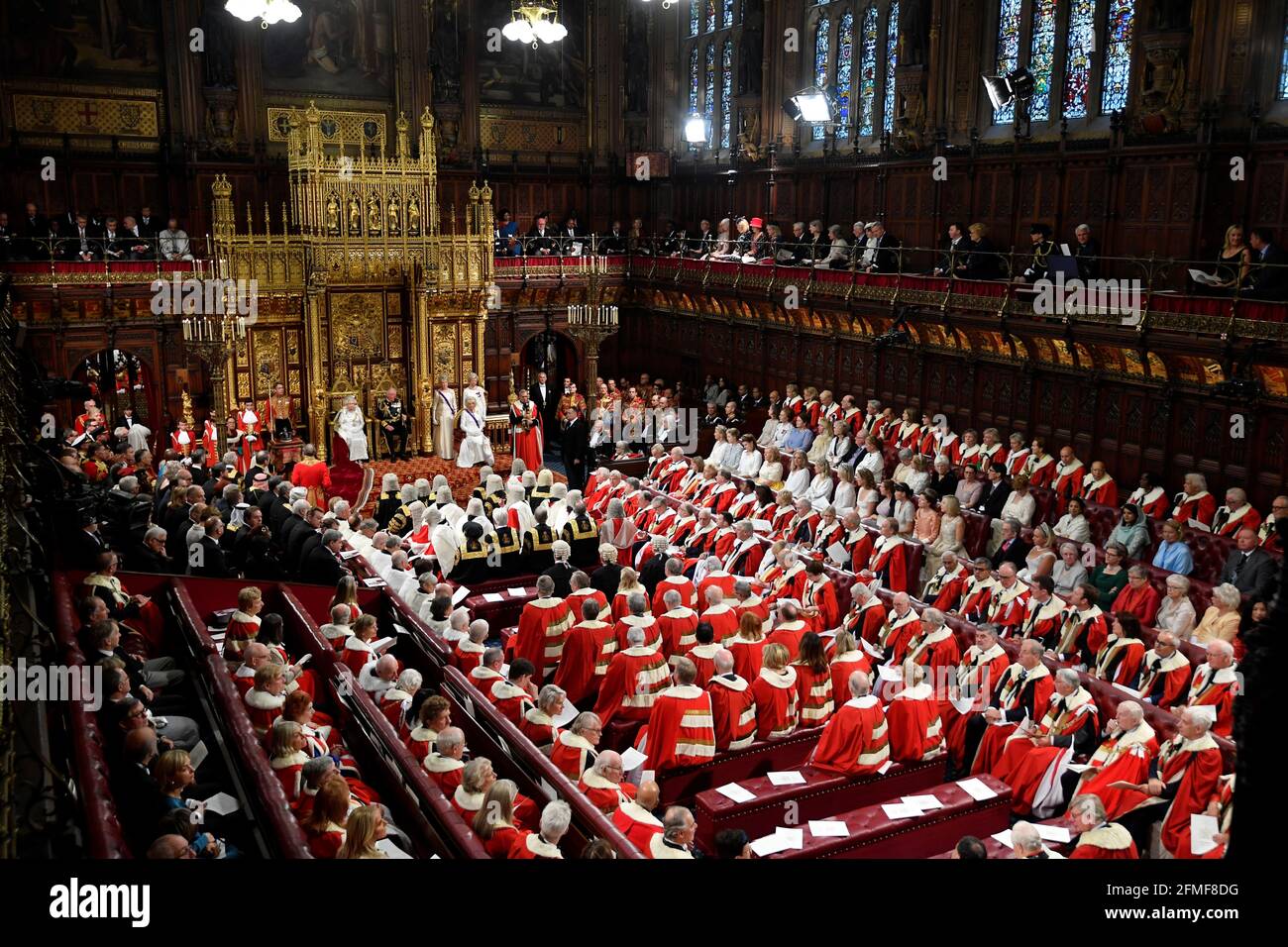 File photo dated 14/10/2019 of Queen Elizabeth II and the Prince of Wales during the State Opening of Parliament in the House of Lords at the Palace of Westminster in London. Proposals to cap the House of Lords to 600 members should be written into law as progress on slashing numbers is being 'undone' by the Prime Minister's political appointments, a committee has recommended. Issue date: Sunday May 9, 2021. Stock Photo
