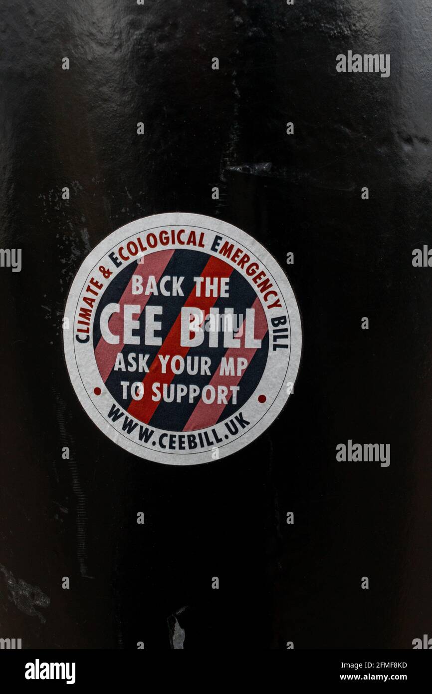 A sticker on a lamp post in Cambridge - Back the CEE Bill - Ask you MP to support - Climate and Ecological Emergency Bill Stock Photo