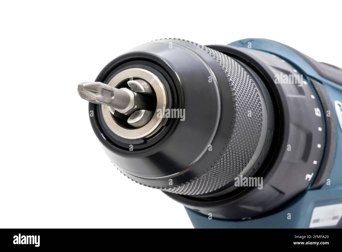 Cordless drill with drill bit working also as screw gun. Isolated on