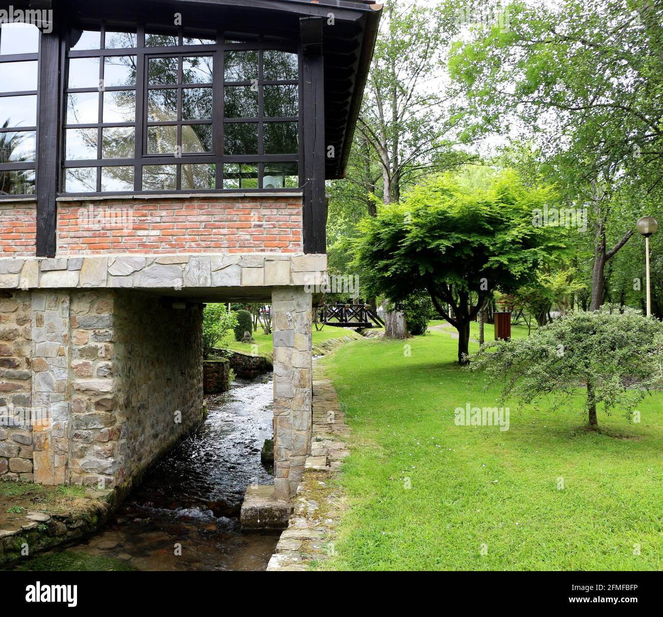 Los Molinos restuarant gardens Ruente Cantabria Spain Stock Photo