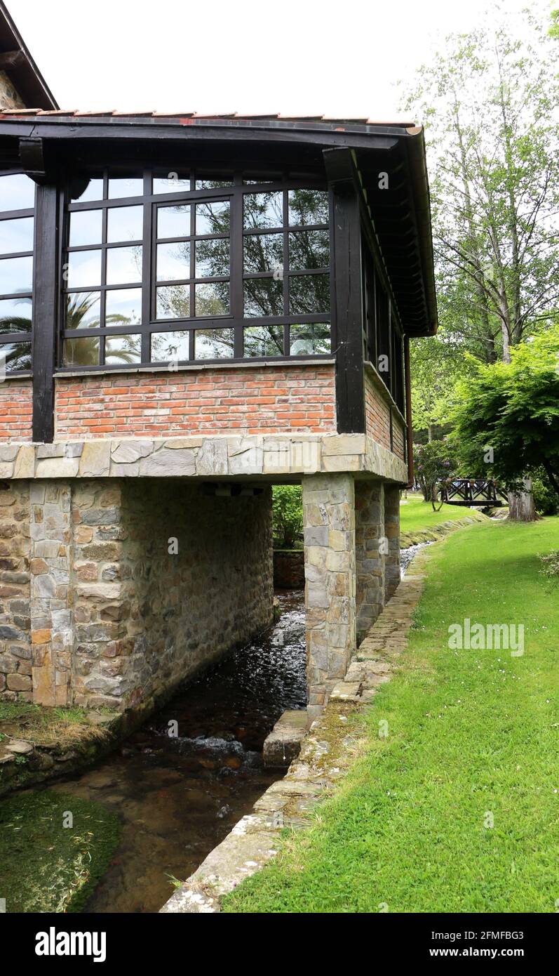 Los Molinos restuarant gardens Ruente Cantabria Spain Stock Photo