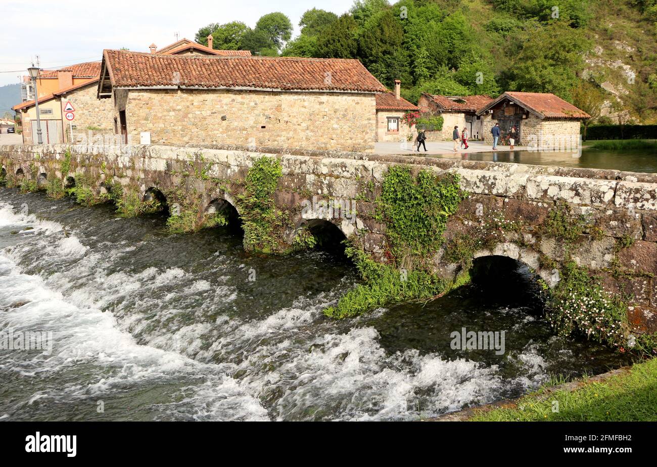 Medieval stone footbridge over the Ruente River a tributary of the River Saja Ruente Cantabria Spain Stock Photo