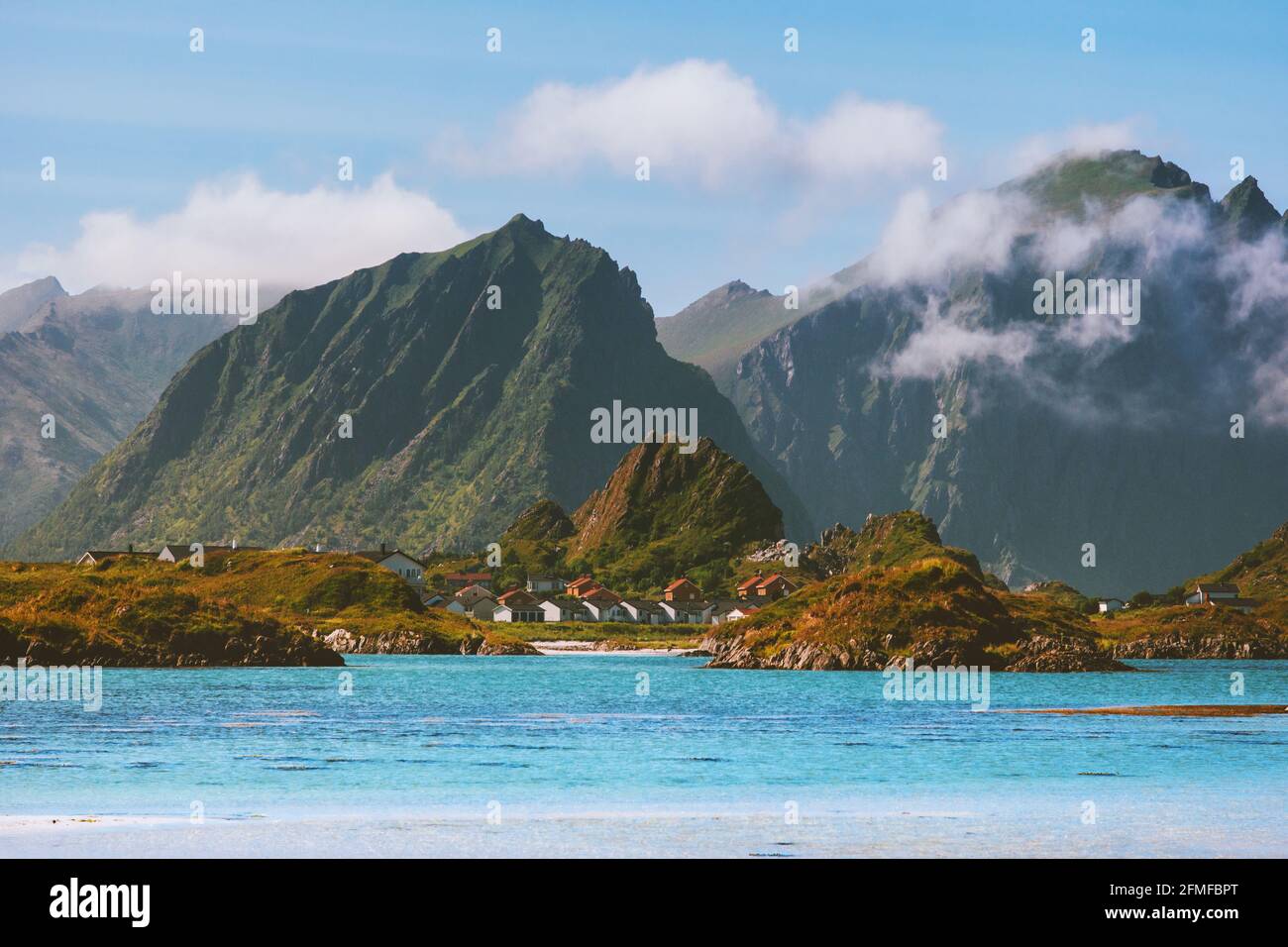Norway landscape mountains and ocean Andenes city view summer travel destinations nature scenery Vesteralen islands Stock Photo