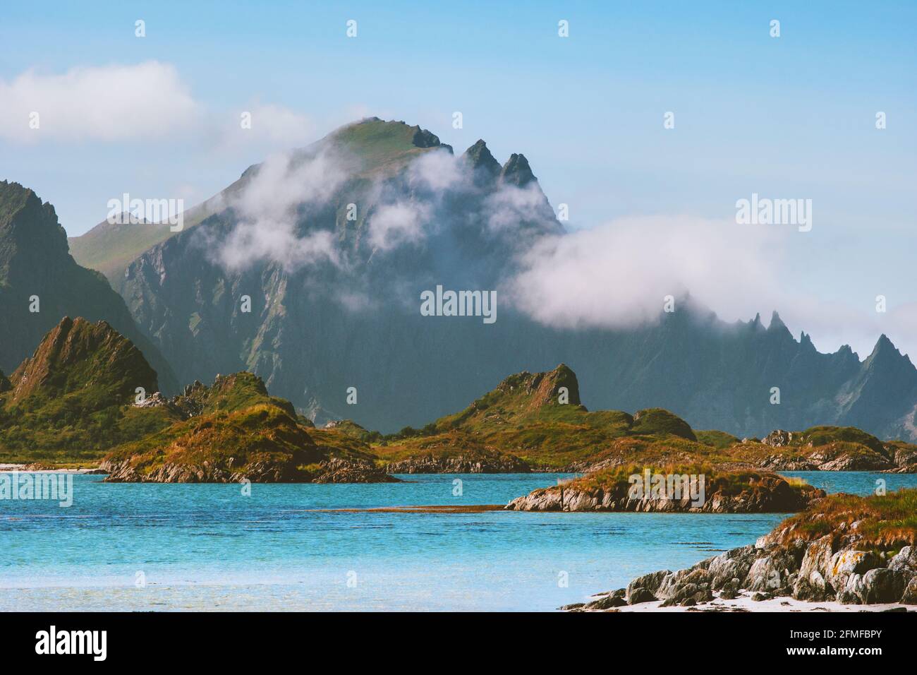 Landscape mountains and ocean in Norway summer season travel destinations nature scenery Vesteralen islands Stock Photo
