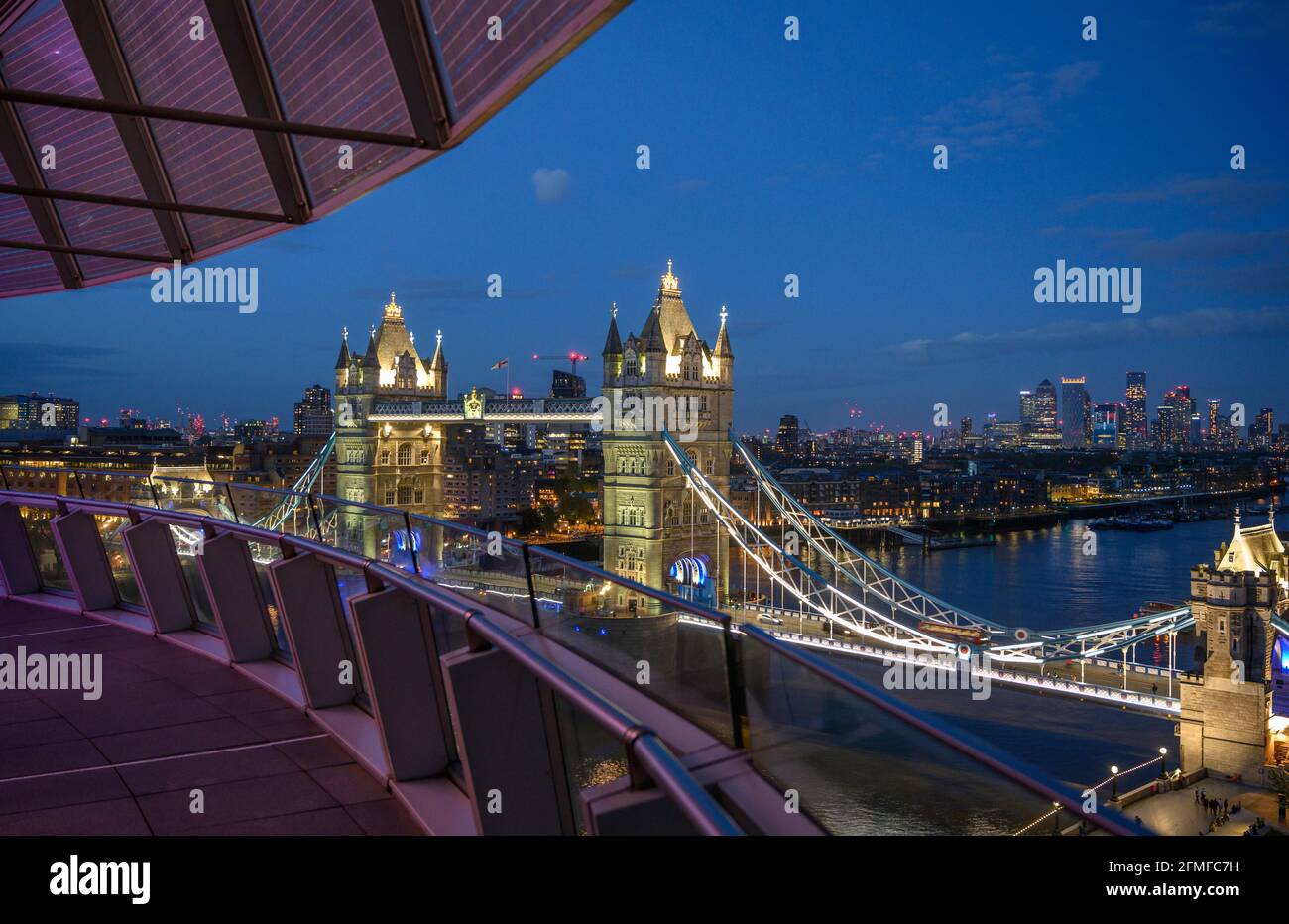 View of Tower Bridge from the top floor balcony of City Hall in London during London Mayor election results night. Stock Photo