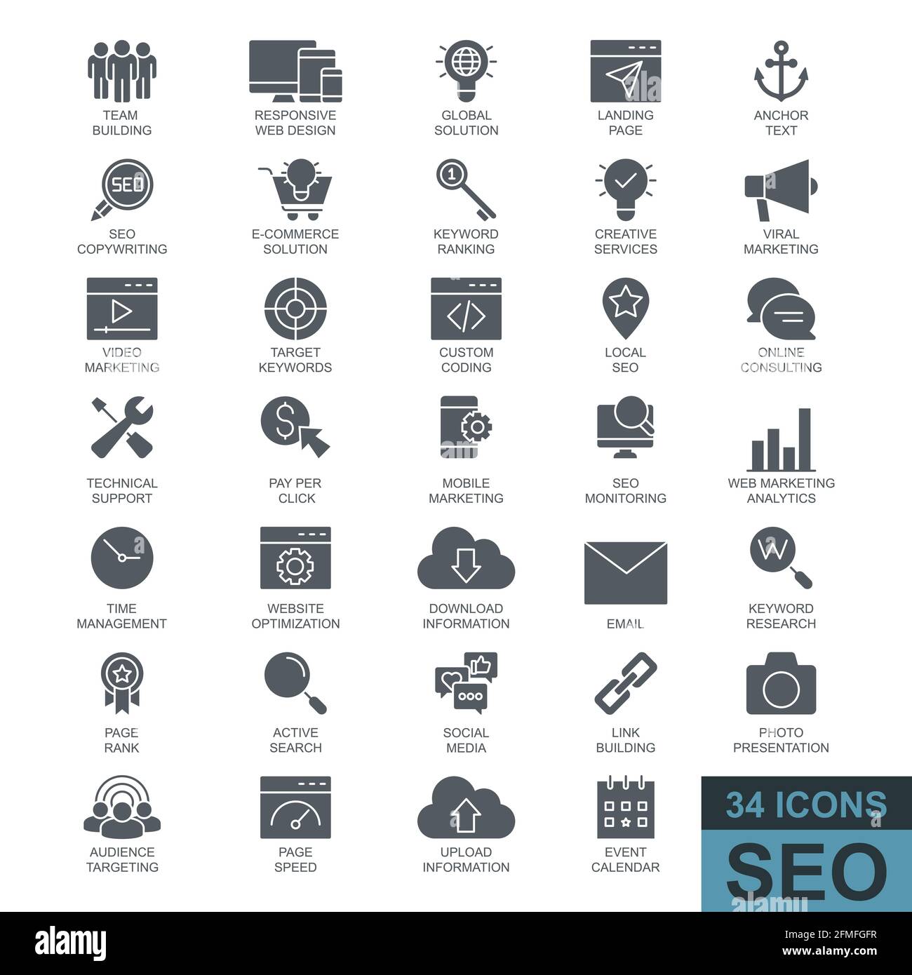 Search Engine Optimization. Thin line, glyph, filled web icon collection. Simple vector illustration. Stock Vector