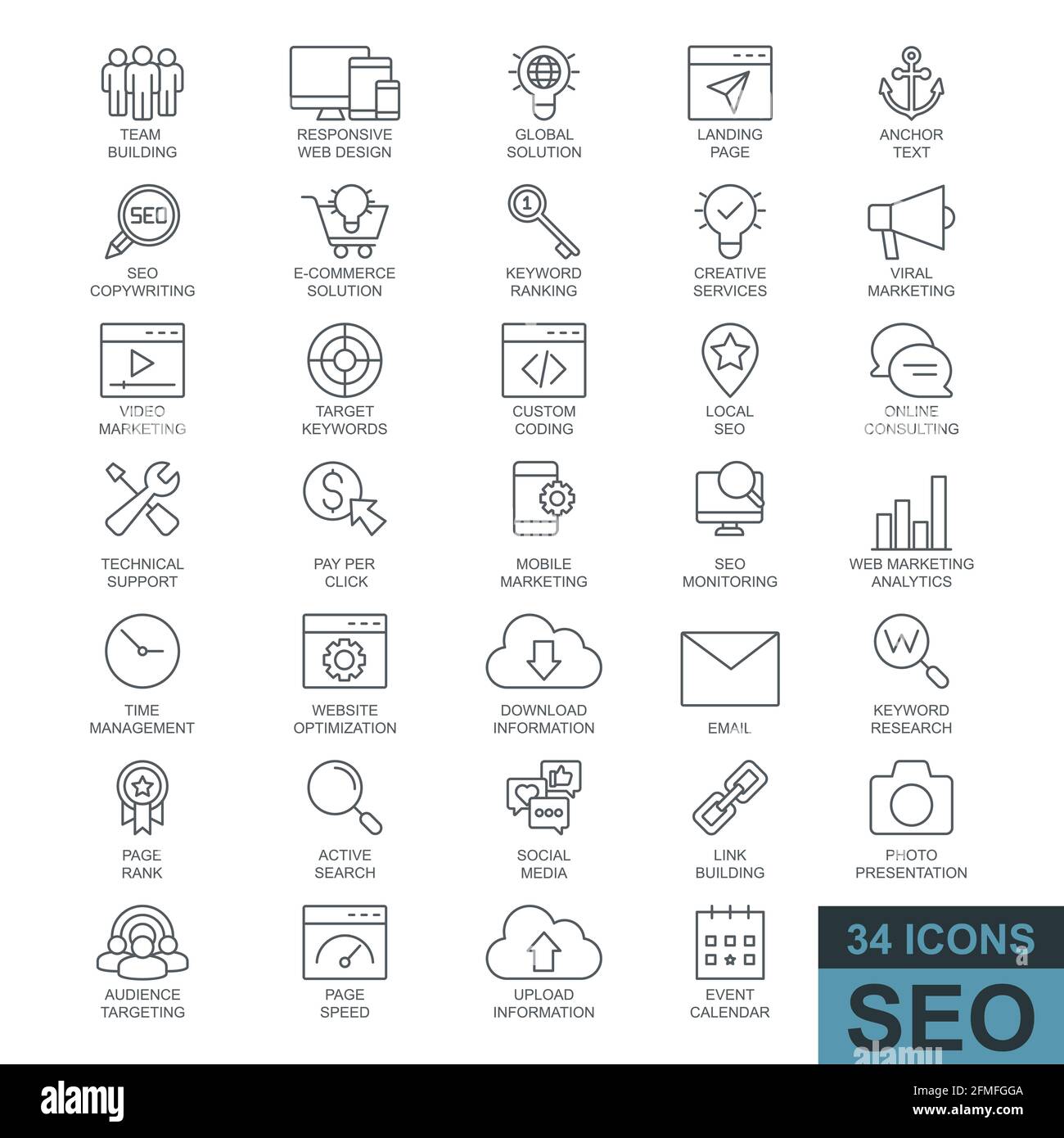 Search Engine Optimization. Thin line, glyph, filled web icon collection. Simple vector illustration. Stock Vector