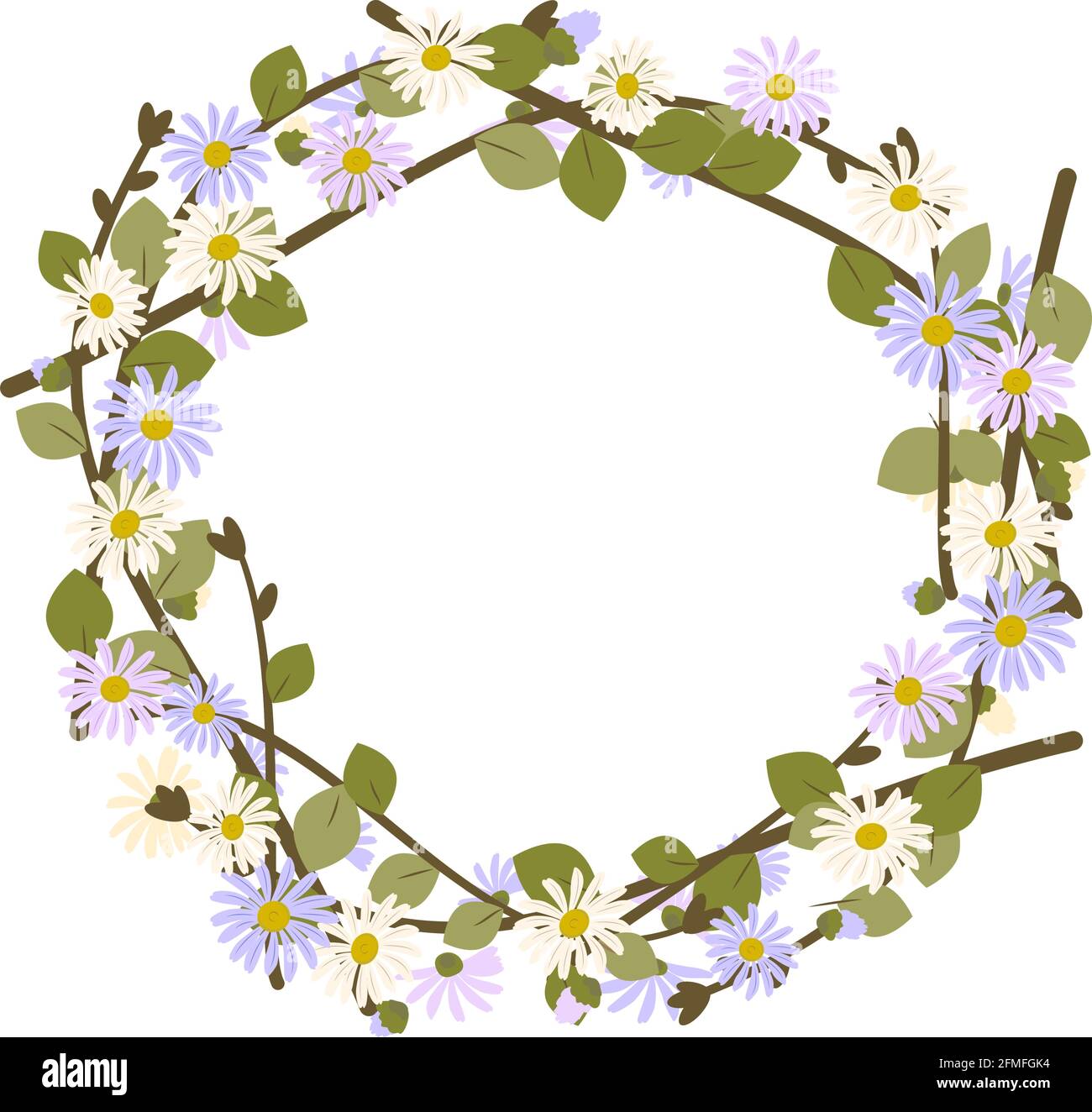 Daisy wreath. Round frame, cute purple and white flowers chamomile with ...