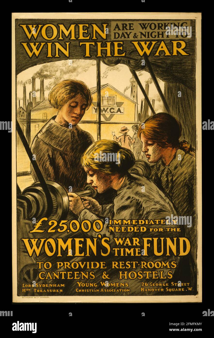 Poster showing women working at a lathe in a factory complex, with a YWCA structure visible through the window. Stock Photo