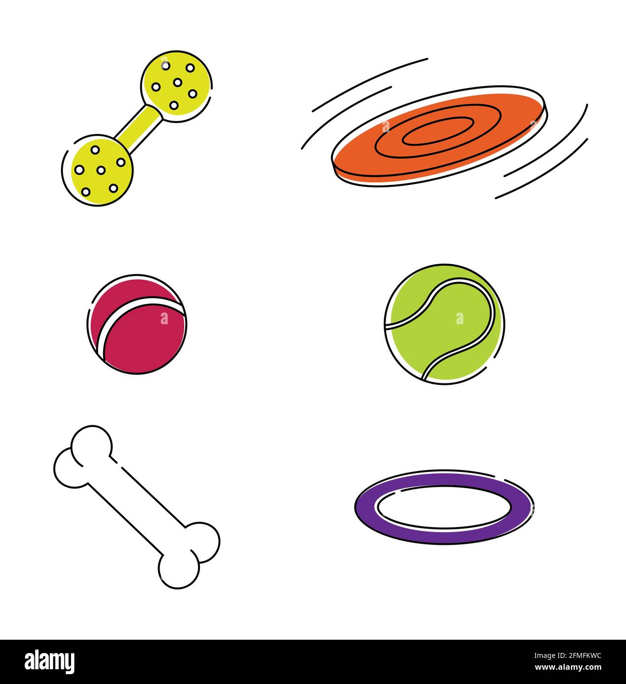 Set of bright line art illustrations toys for dogs and puppies Stock