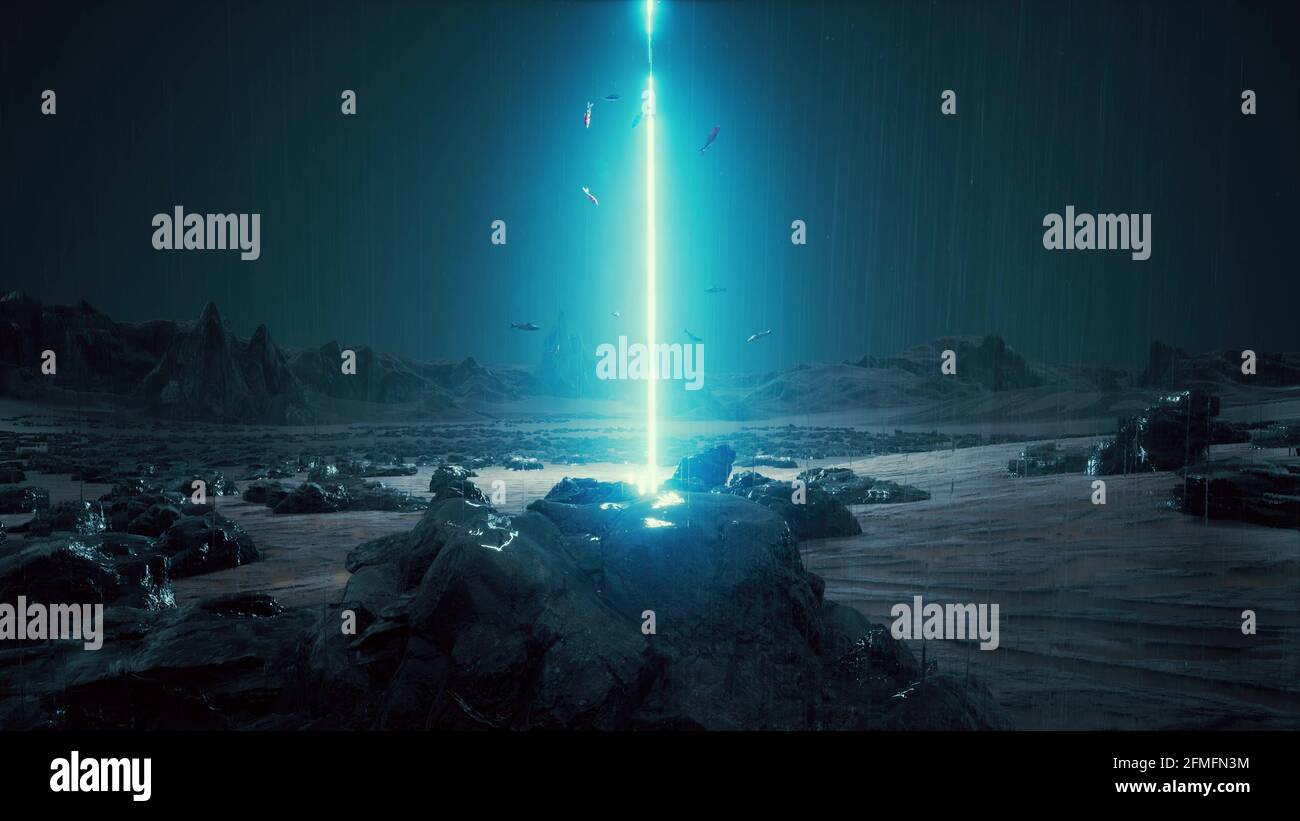 Rain Futuristic sci-fi landscape Space surface neon laser fish 3d render Stock Photo