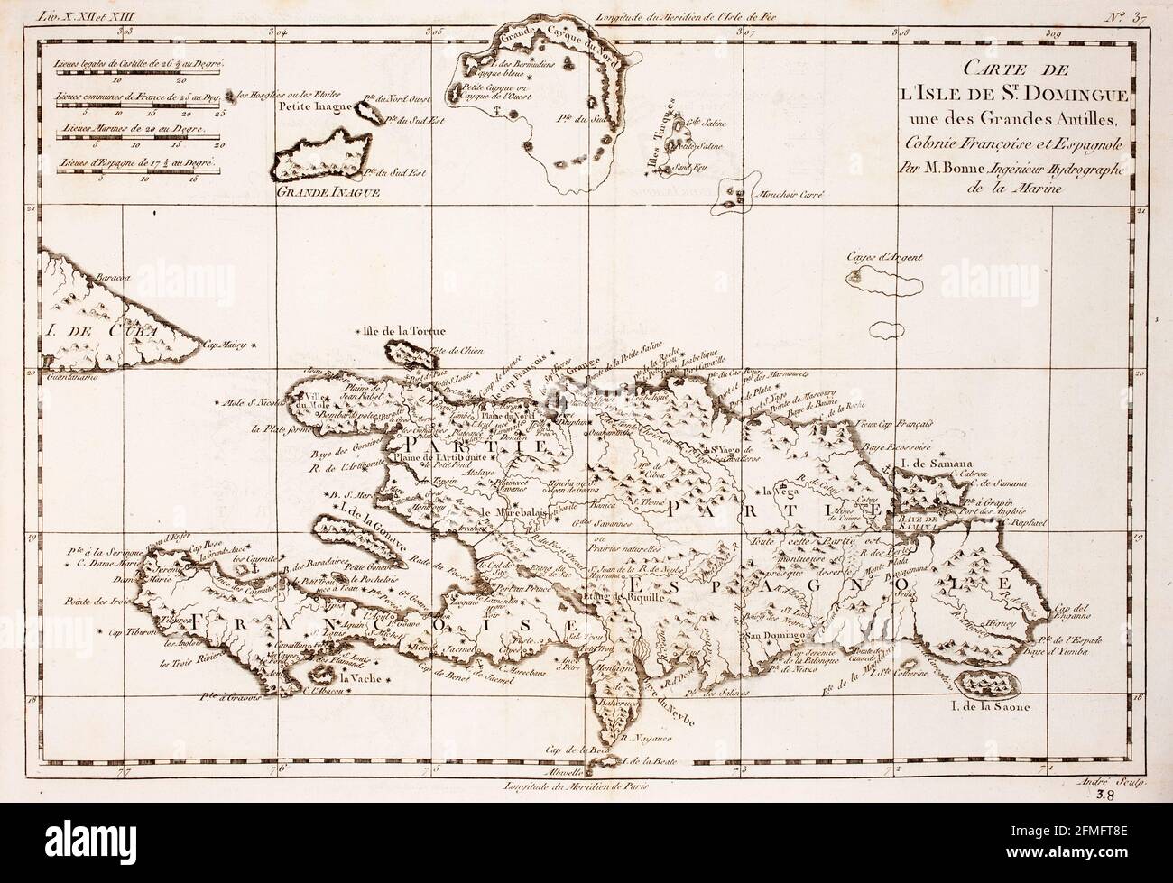 Vintage copper engraved map of St Domingue Island from 18th century