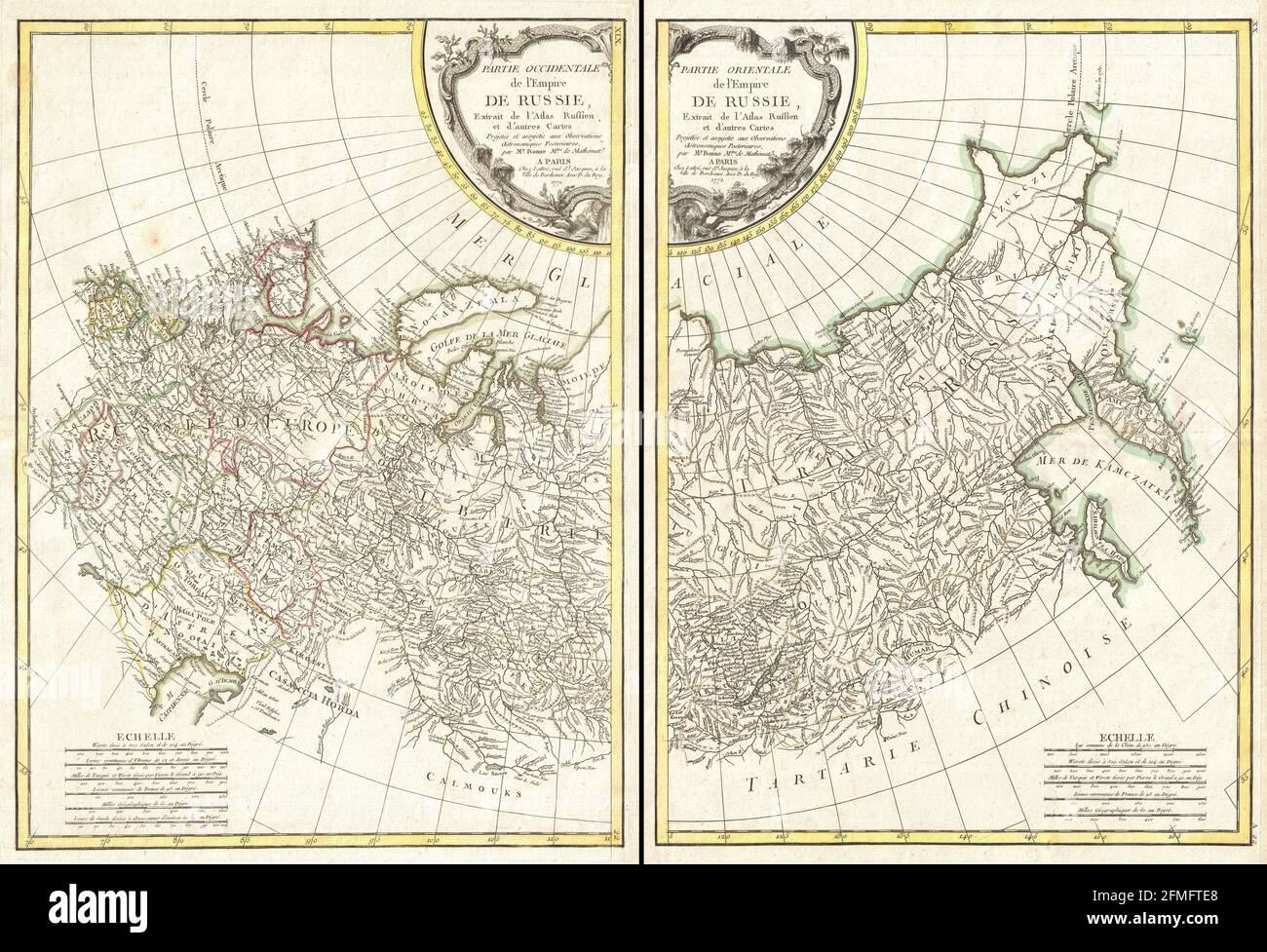 Vintage copper engraved map of Russia from 18th century. All maps are beautifully colored and illustrated showing the world at the time. Stock Photo