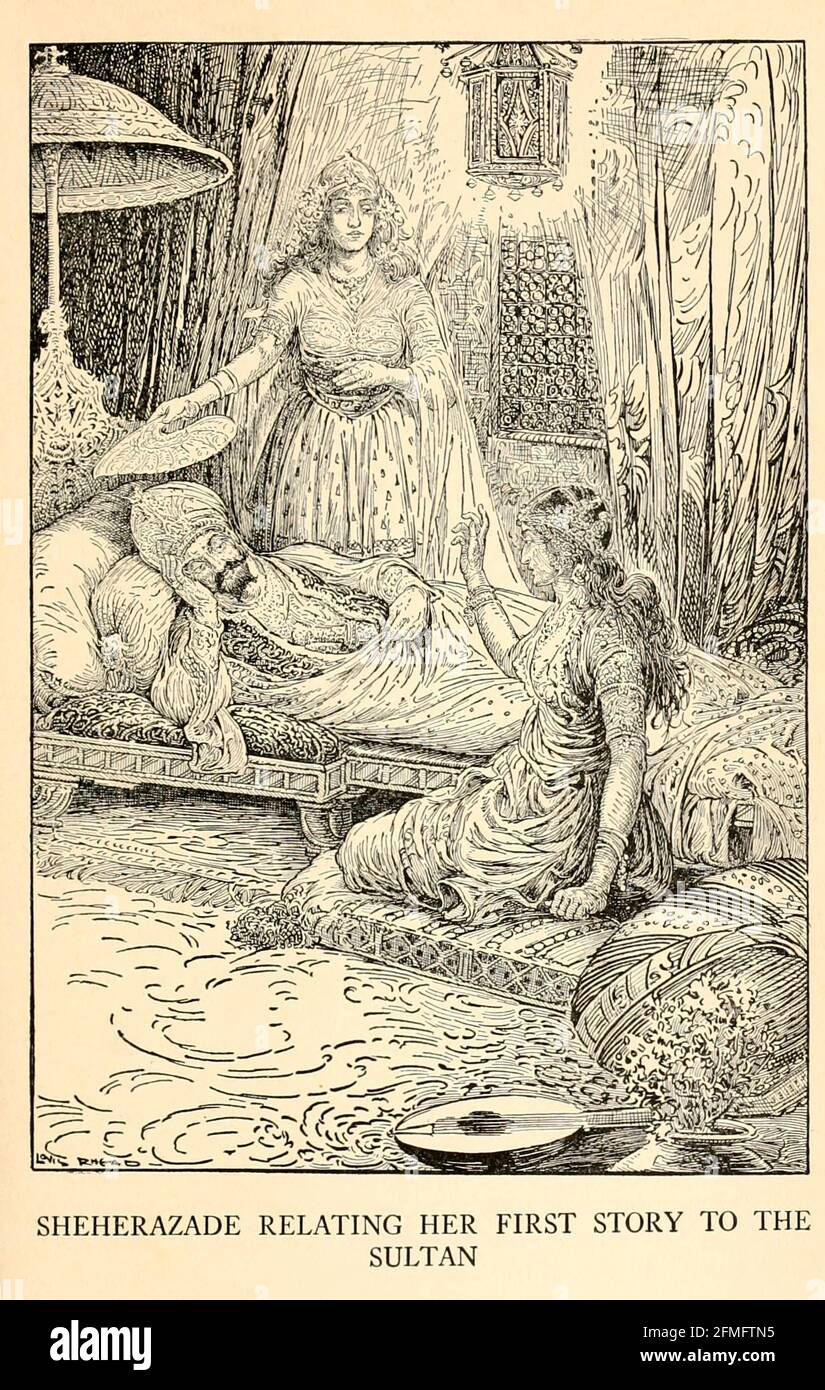 Sheherazade Relating Her First Story To The Sultan from the book '  The Arabian nights' entertainments ' Test and Illustrations by Louis Rhead, Published  in New York by Harper & Brothers in 1916. In order to save her life, Sheherazade entertains the sultan by telling him wondrous stories Stock Photo