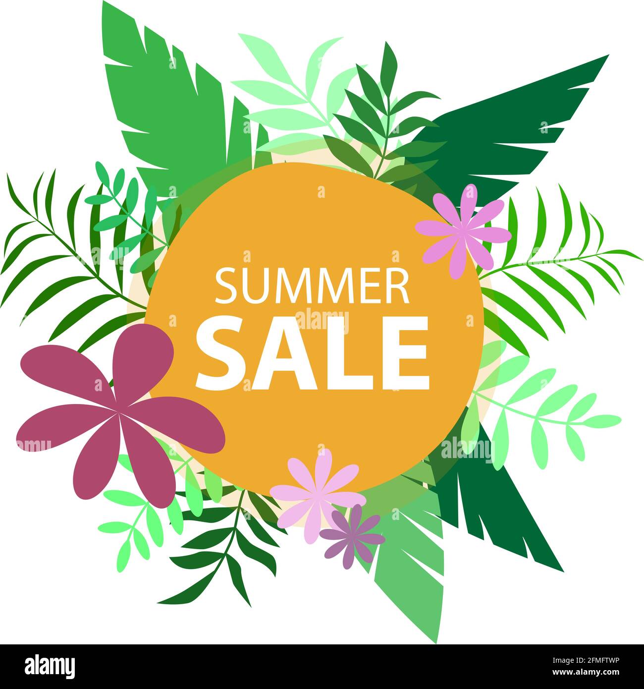 Vector poster with tropical leaves and text Summer Sale in the round ...