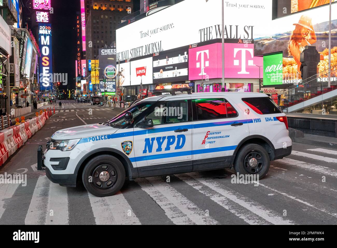New York City Police Department (NYPD) car blocks 7th Avenue in Times ...