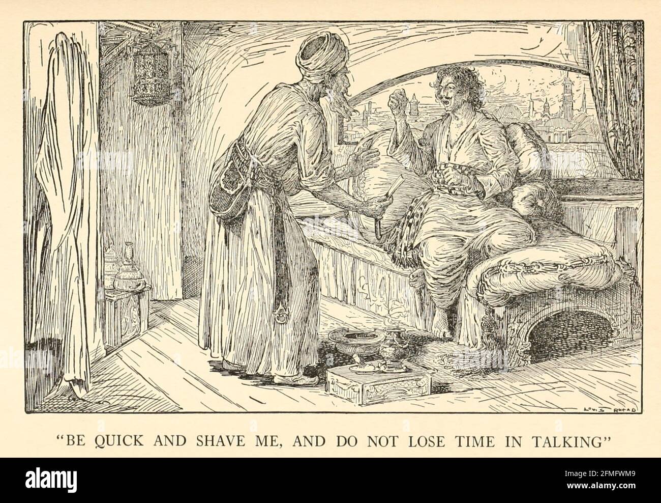 Be Quick And Shave Me, And Do Not Lose Time In Talking from the book '  The Arabian nights' entertainments ' Test and Illustrations by Louis Rhead, Published  in New York by Harper & Brothers in 1916. In order to save her life, Sheherazade entertains the sultan by telling him wondrous stories Stock Photo