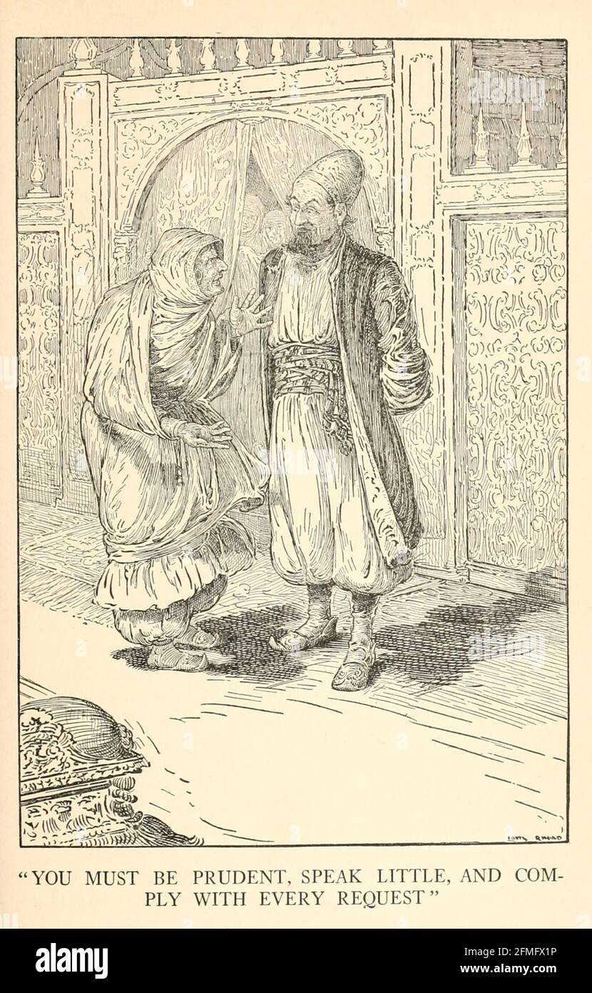You Must Be Prudent, Speak Little, And Comply With Every Request from the book '  The Arabian nights' entertainments ' Test and Illustrations by Louis Rhead, Published  in New York by Harper & Brothers in 1916. In order to save her life, Sheherazade entertains the sultan by telling him wondrous stories Stock Photo