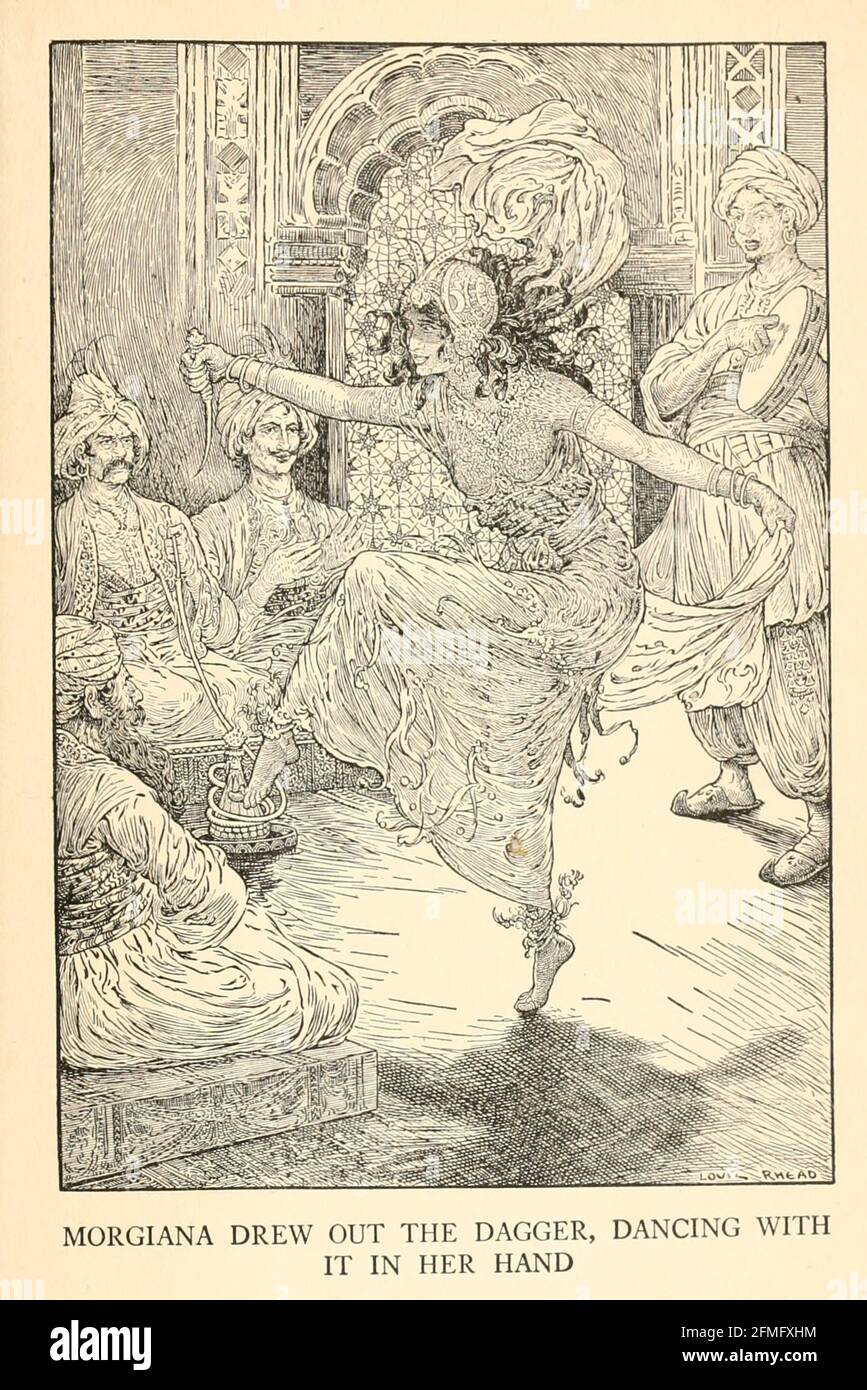 Morgiana Drew Out The Dagger, Dancing With It In Her Hand from the book ' The Arabian nights' entertainments ' Test and Illustrations by Louis Rhead, Published  in New York by Harper & Brothers in 1916. In order to save her life, Sheherazade entertains the sultan by telling him wondrous stories Stock Photo