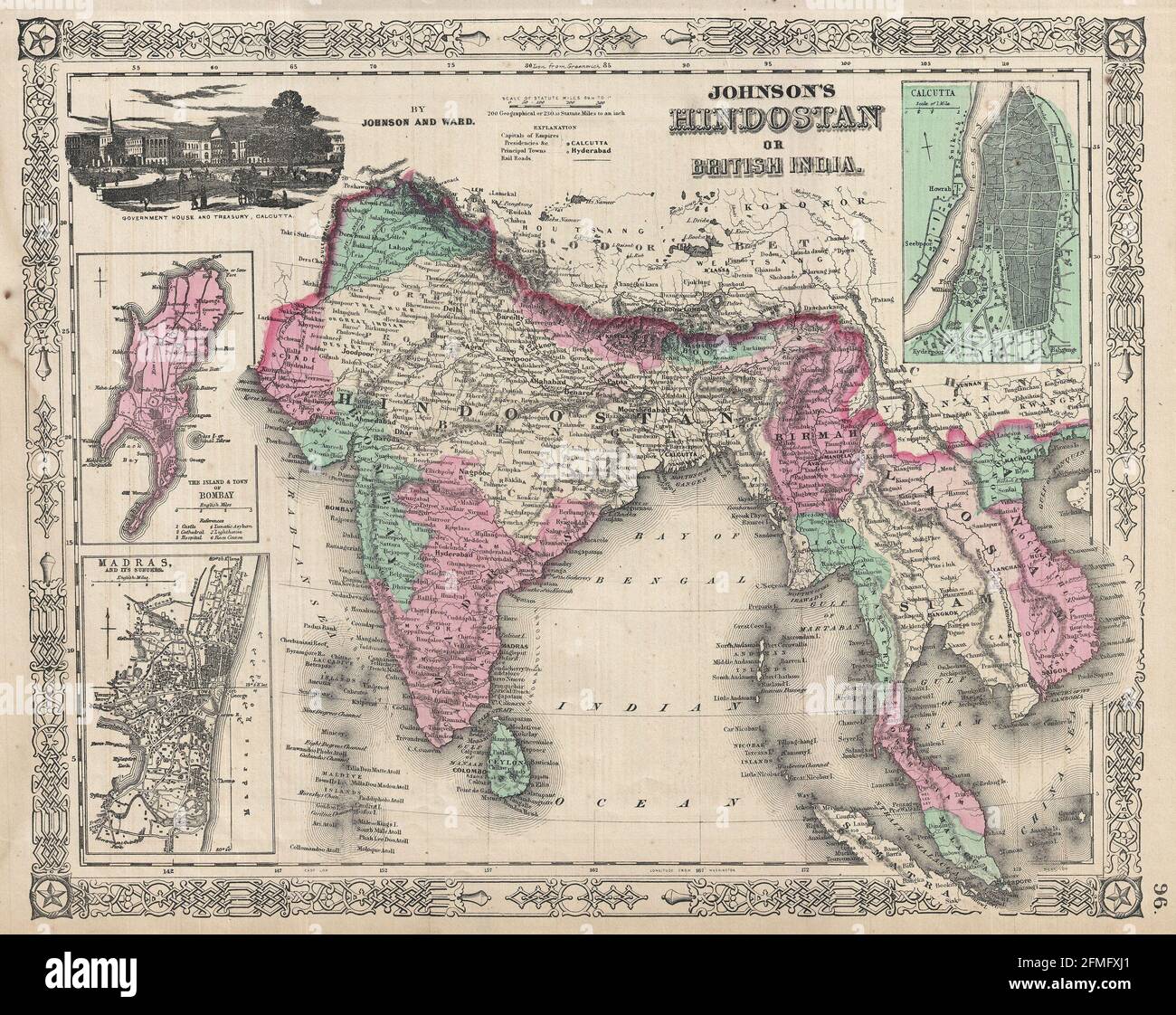 Vintage copper engraved map of British India from 19th century. All maps are beautifully colored