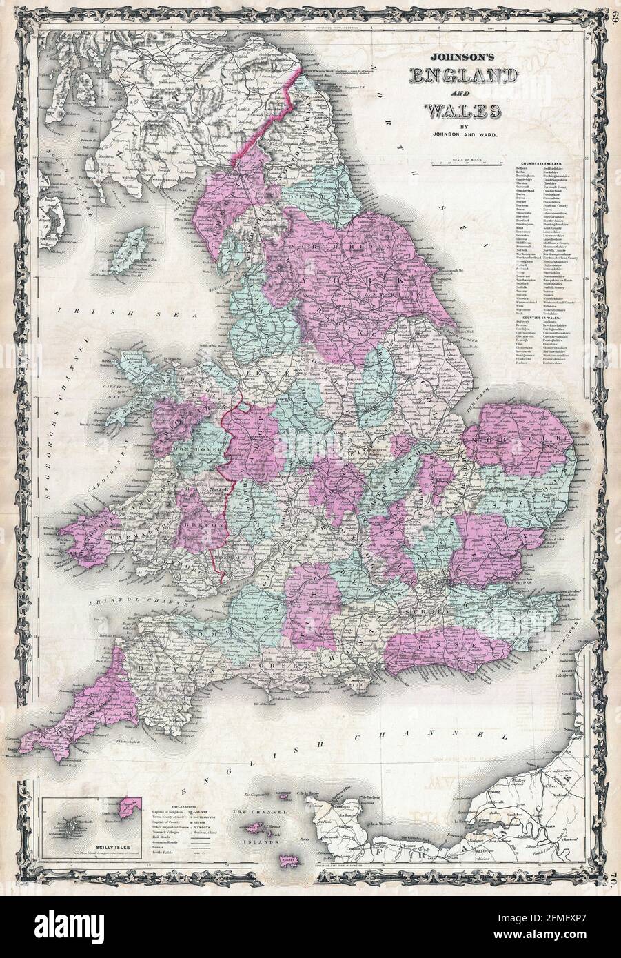 Vintage copper engraved map of England and Wales from 19th century. All maps are beautifully colored and illustrated showing the world at the time. Stock Photo