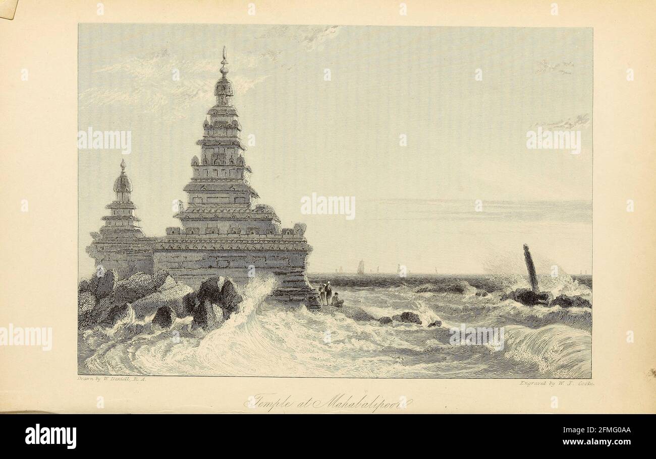 Temple At Mahabalipoor [Shore Temple of Mahabalipuram (built in 700–728 AD)] From the book ' The Oriental annual, or, Scenes in India ' by the Rev. Hobart Caunter Published by Edward Bull, London 1834 engravings from drawings by William Daniell Stock Photo