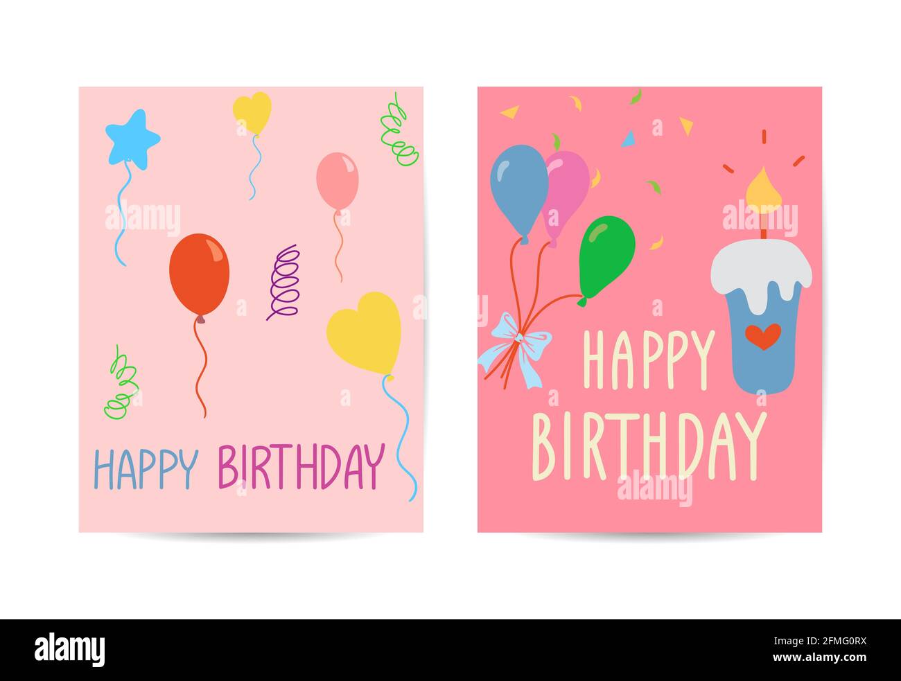 Set of cute creative birthday card templates. Hand Drawn card for birthday, party invitations, scrapbook, summer holidays. Vector illustration in pink Stock Vector