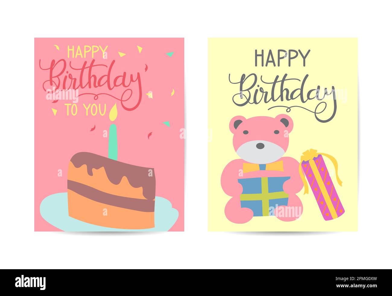 Set of cute creative birthday card templates. Hand Drawn card for birthday, party invitations, scrapbook, summer holidays. Vector illustration in pink Stock Vector