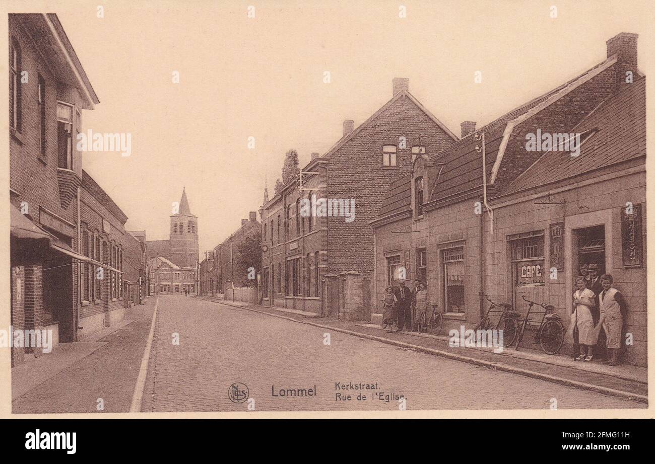 Vintage sepia / black and white postcard of Kerkstraat, Rue de I'Eglise,  Belgium, 1930s. Stock Photo