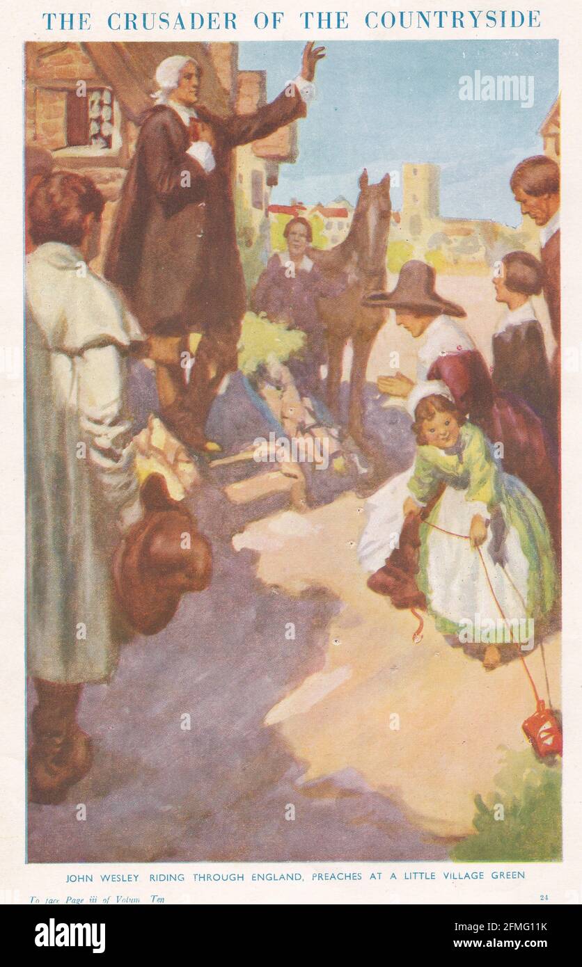 Vintage illustration of John Wesley riding through England, preaching ...