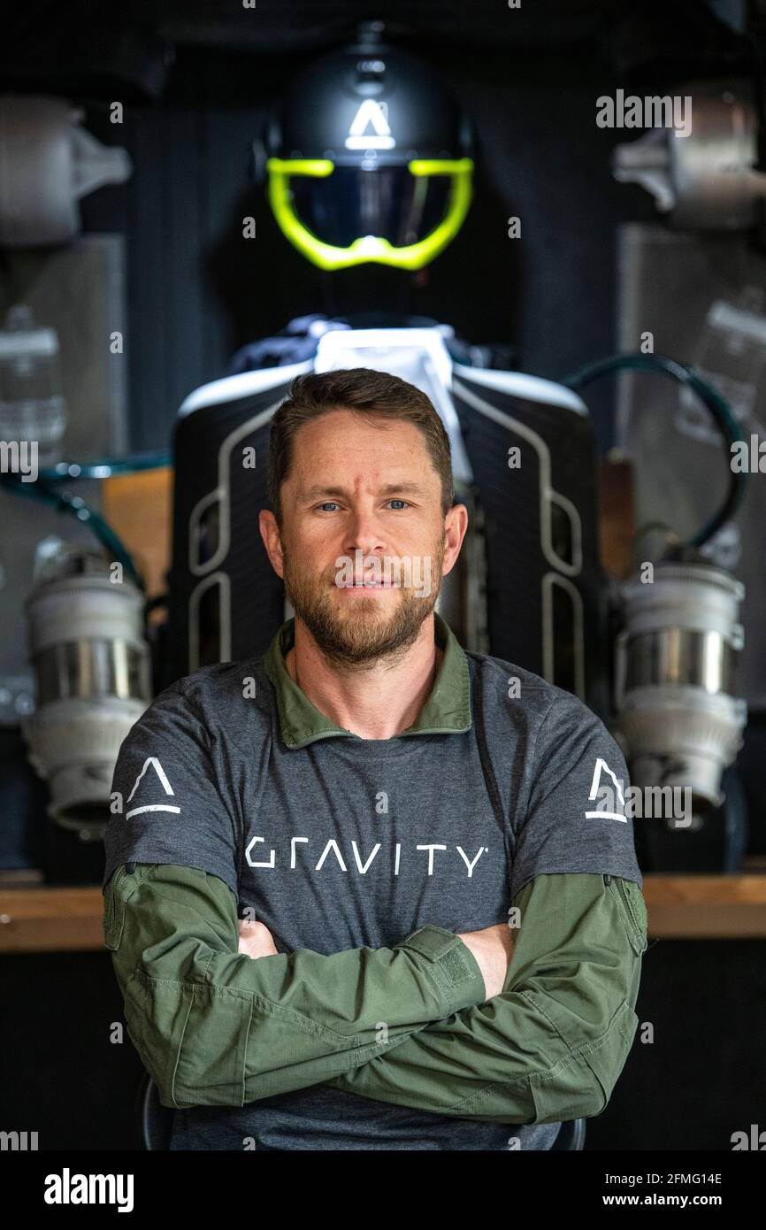 Richard Browning, founder of Gravity Industries, inventor of a body-controlled jet-powered suit. Pictured in his home workshop in Wiltshire. Stock Photo