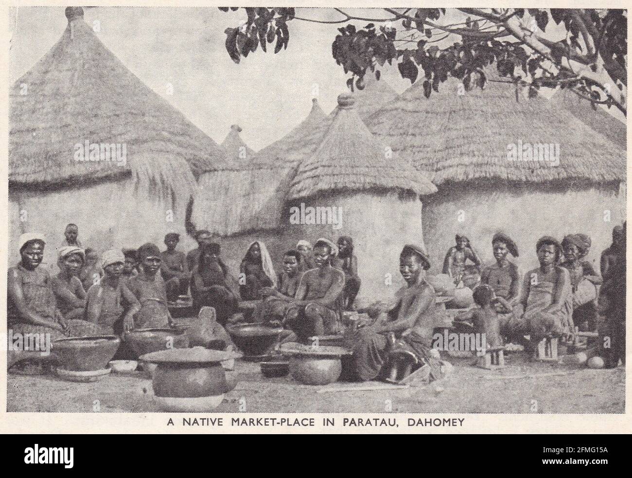 Vintage black and white photo of a native market place in Paratau, Dahomey 1940s, Stock Photo