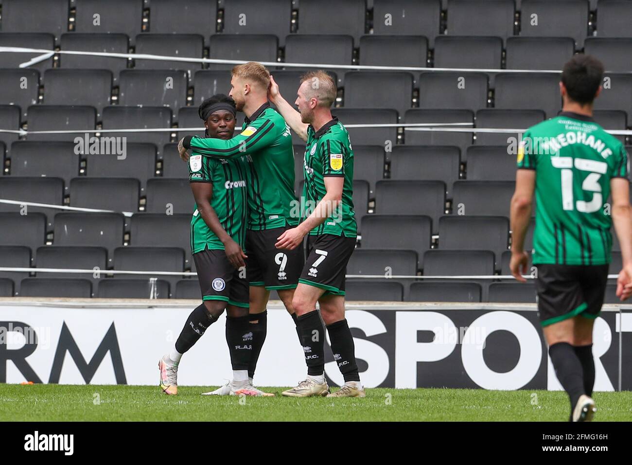 MILTON KEYNES, UK. MAY 9TH Stephen Humphrys celebrates with team mates after scoring for Rochdale, to extend their lead to make it 3 - 0 against Milton Keynes Dons, during the Sky Bet League One match between MK Dons and Rochdale at Stadium MK, Milton Keynes on Sunday 9th May 2021. (Credit: John Cripps | MI News) Credit: MI News & Sport /Alamy Live News Stock Photo