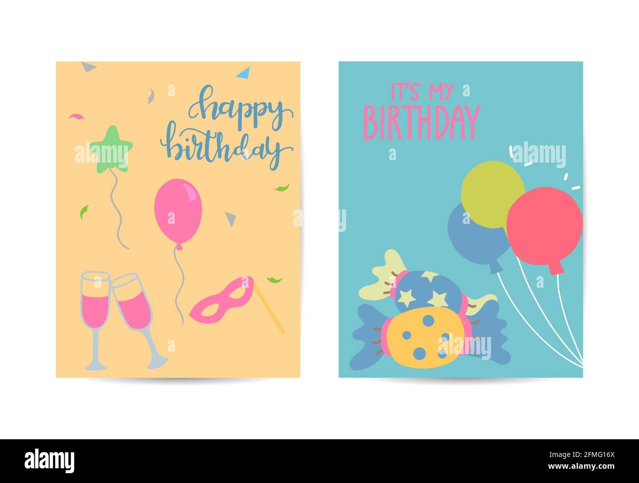 Happy Birthday Vector Set. Happy birthday greeting card. Balloons, Banners, Cupcakes, Cake, Celebration Stock Vector