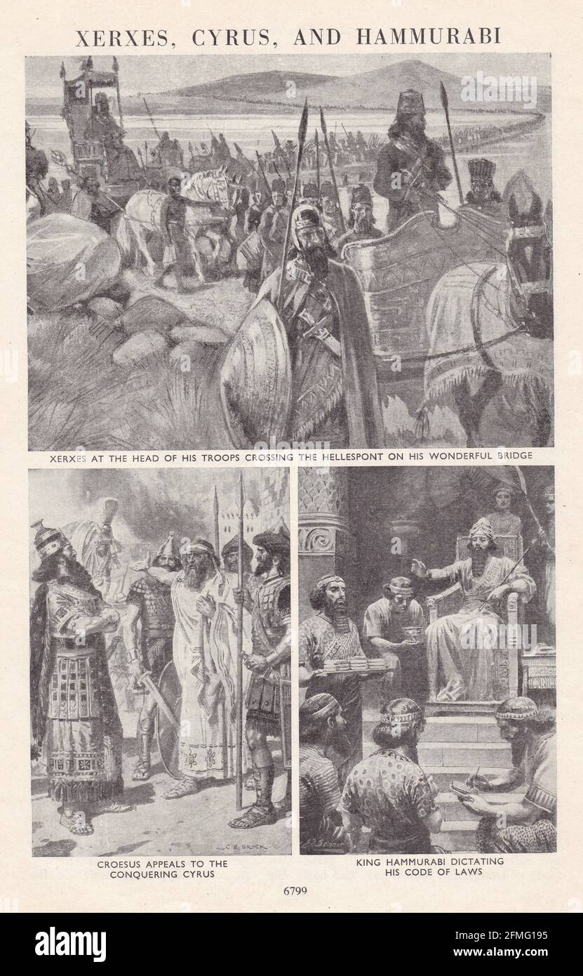 Vintage illustrations / paintings of Xerxes, Cyrus, and Hammurabi. Stock Photo