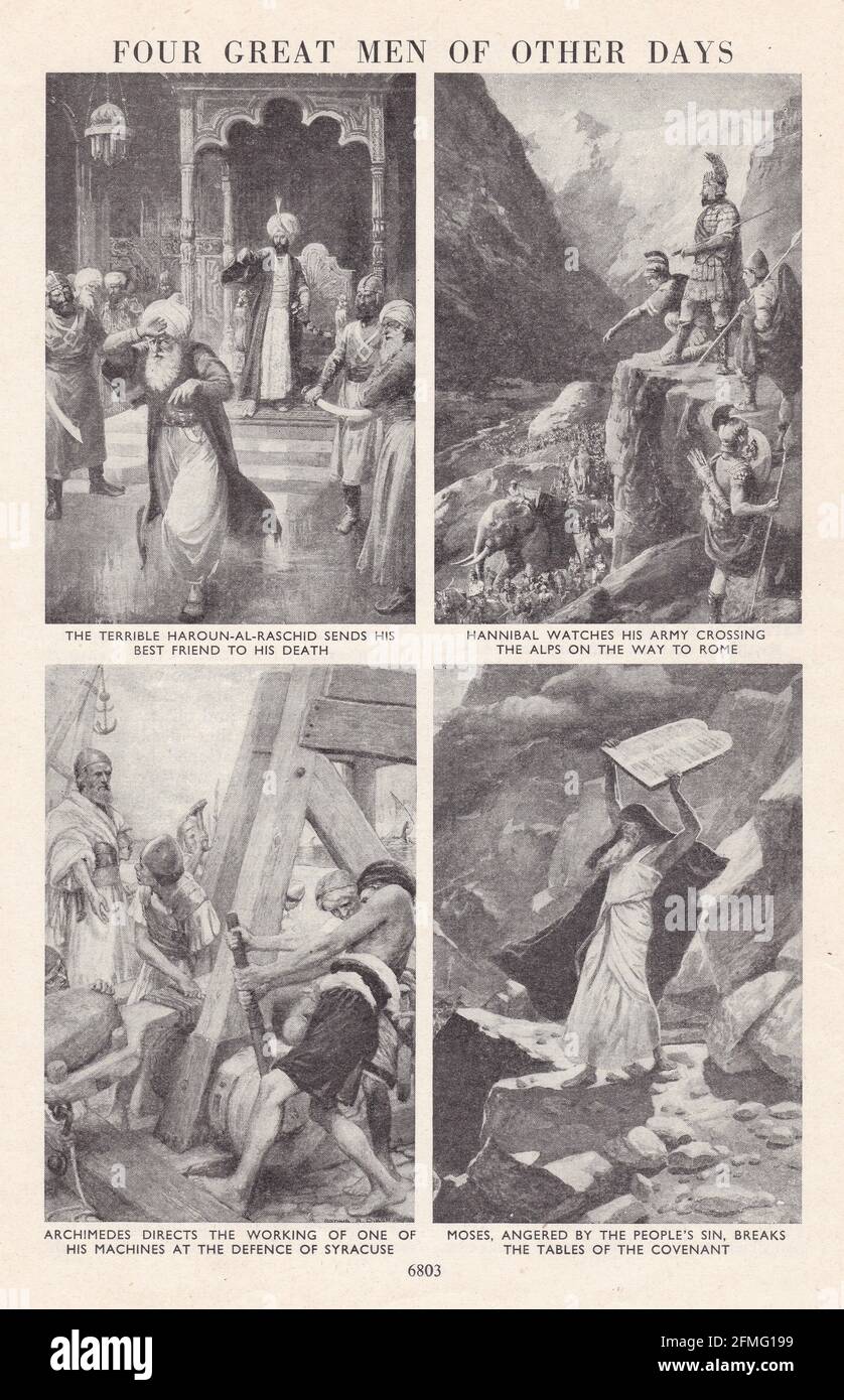 Vintage illustrations / paintings of Haroun-Al-Raschid, Hannibal, Archimedes, and Moses. Stock Photo