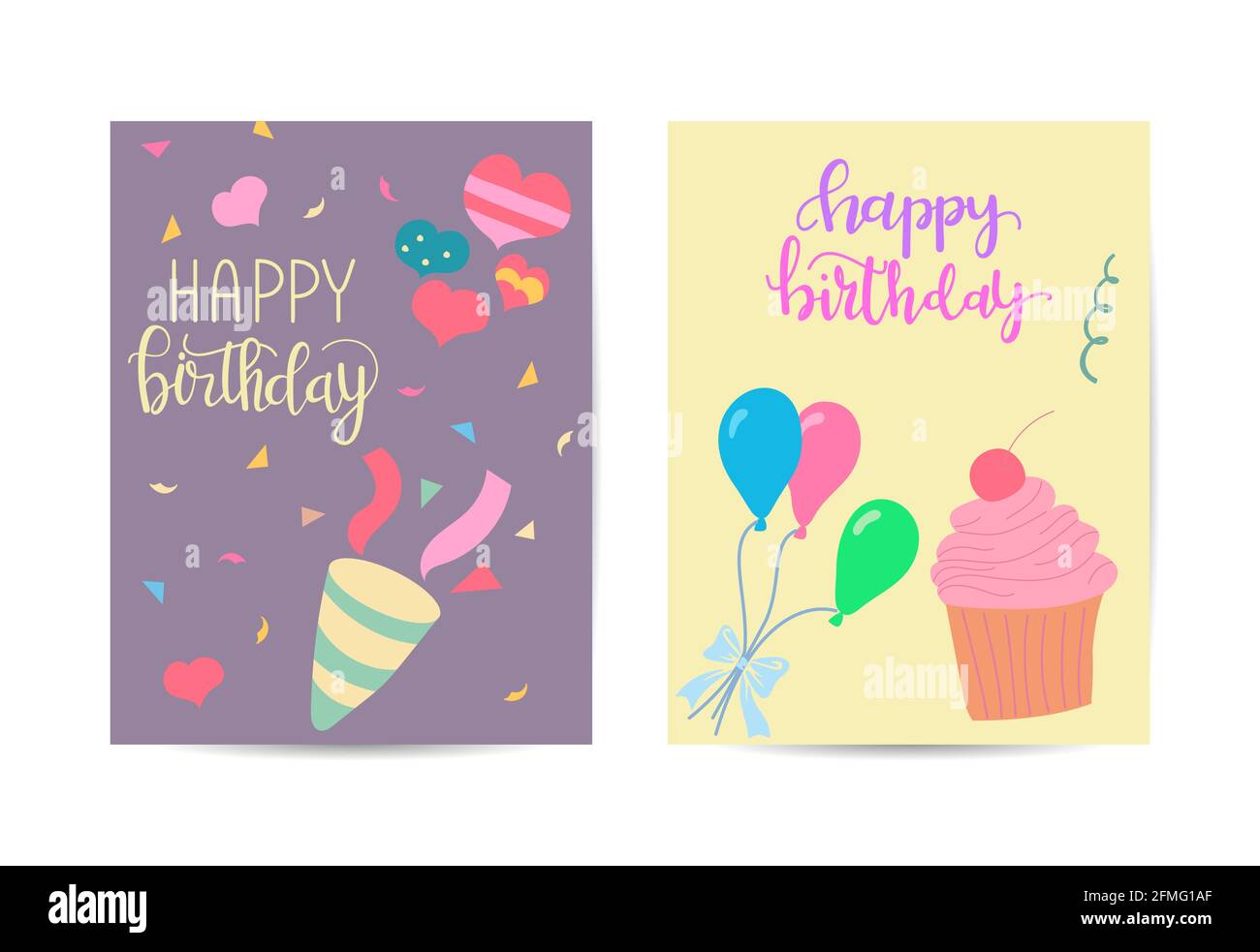 Happy birthday greeting card for kid with congratulations cake balloons and party celebration vector illustration Stock Vector