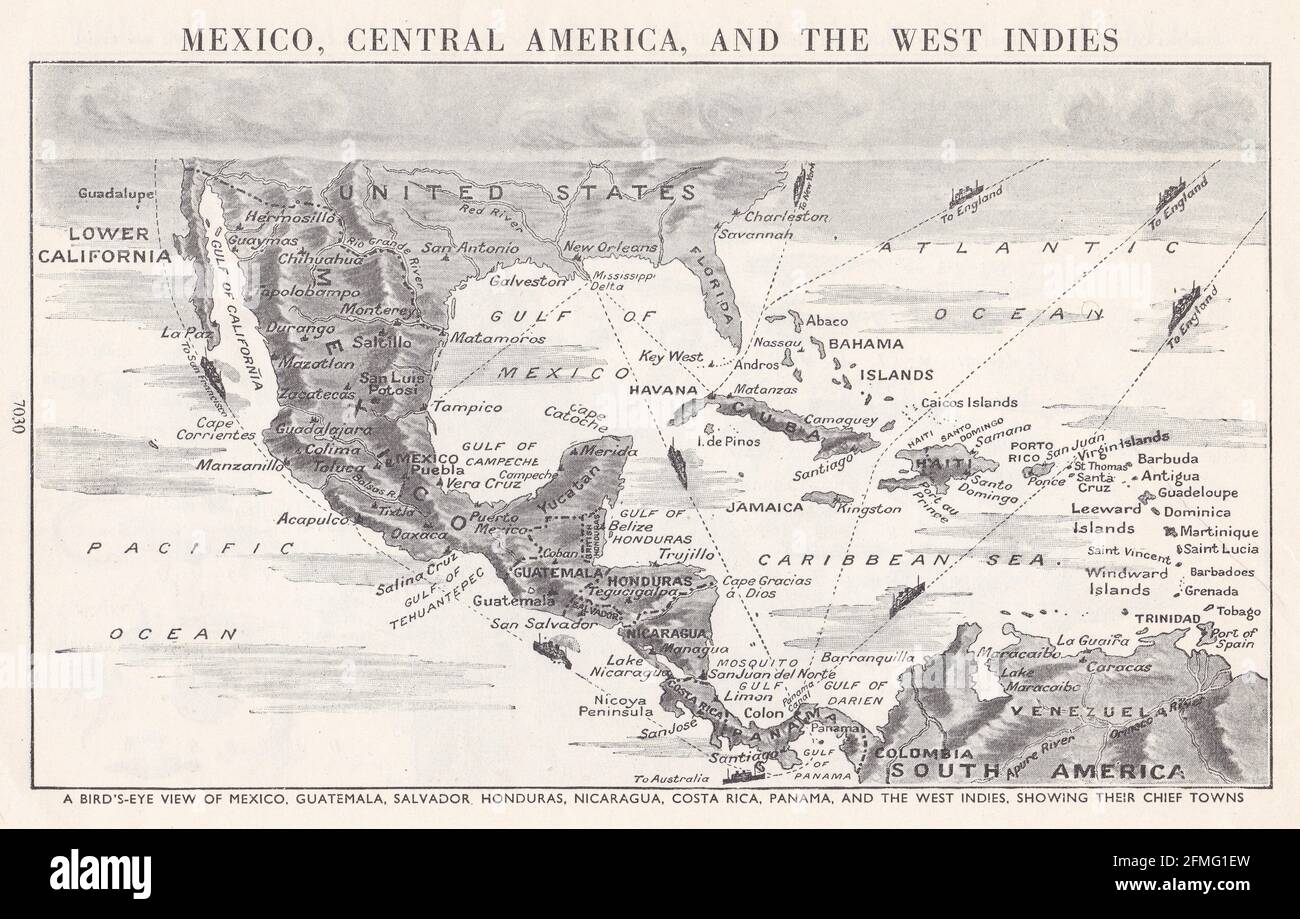 Vintage bird's eye view map of Mexico, Central America and The West Indies 1940s Stock Photo