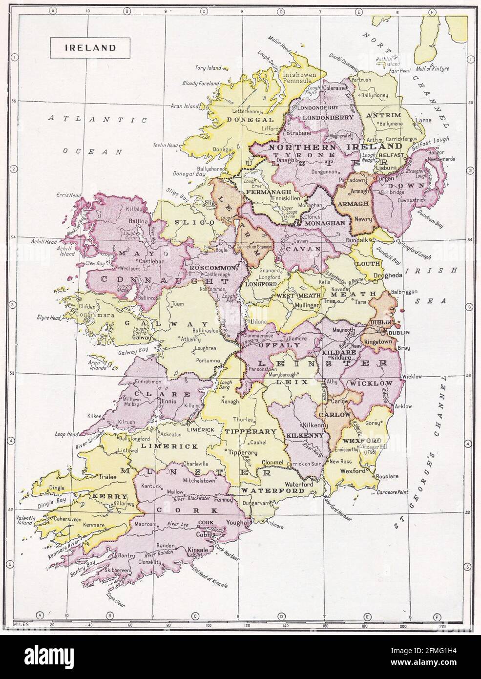 Vintage map of Ireland 1930s. Stock Photo