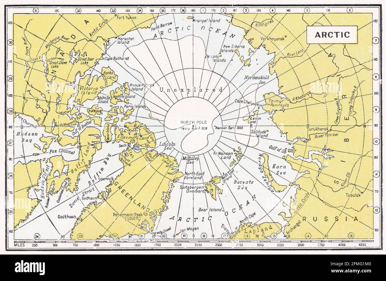 Vintage map of The Arctic - Unexplored 1930s. Stock Photo