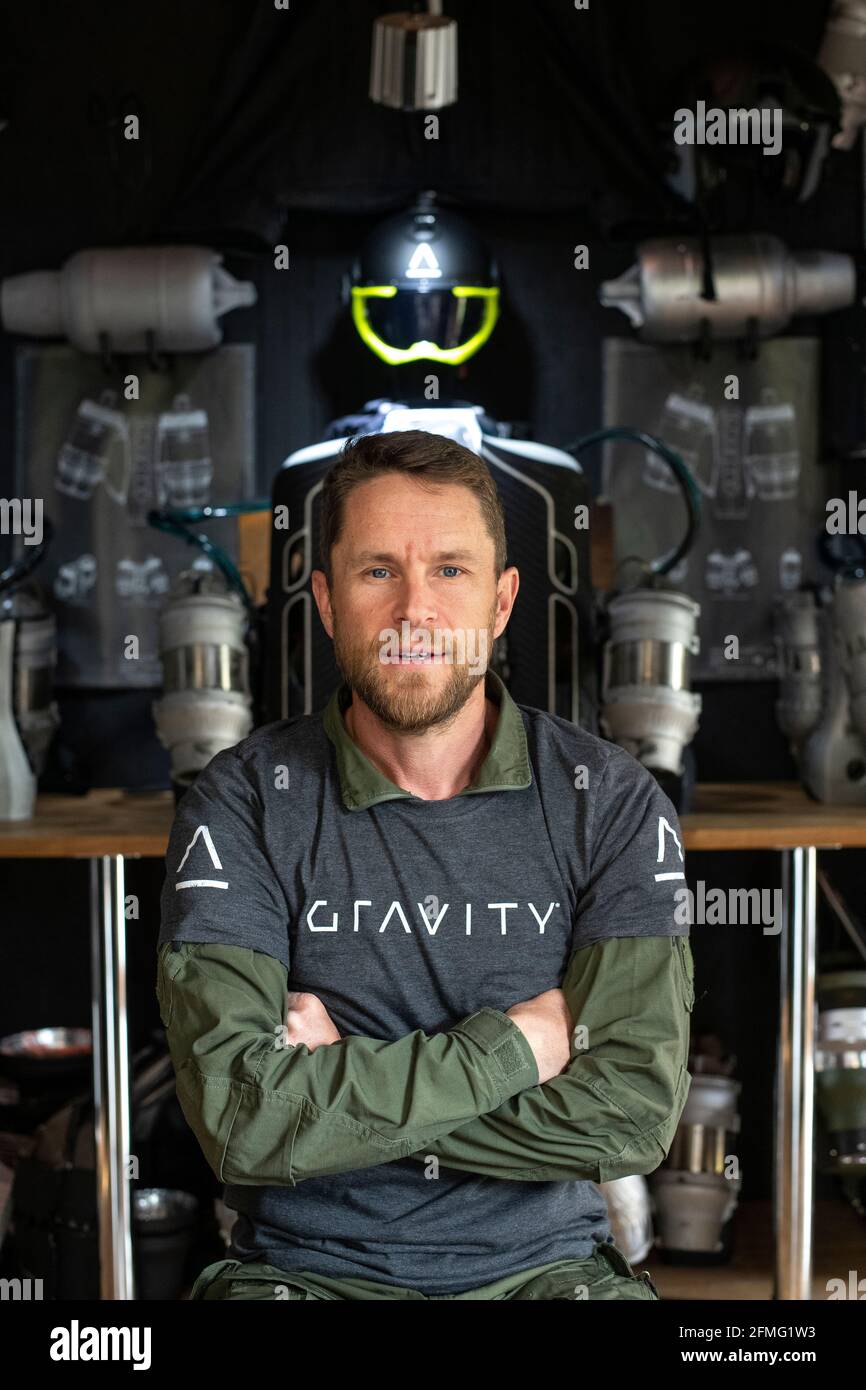 Richard Browning, founder of Gravity Industries, inventor of a body-controlled jet-powered suit. Pictured in his home workshop in Wiltshire. Stock Photo