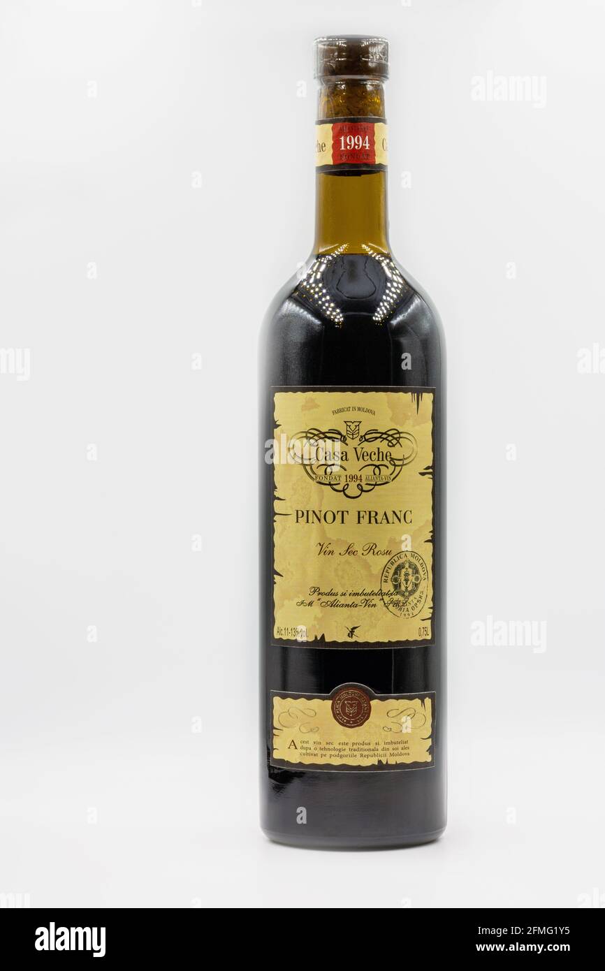 KYIV, UKRAINE - FEBRUARY 27, 2021: Pinot Franc red wine bottle from Casa Veche Moldavian winery closeup against white background. Stock Photo
