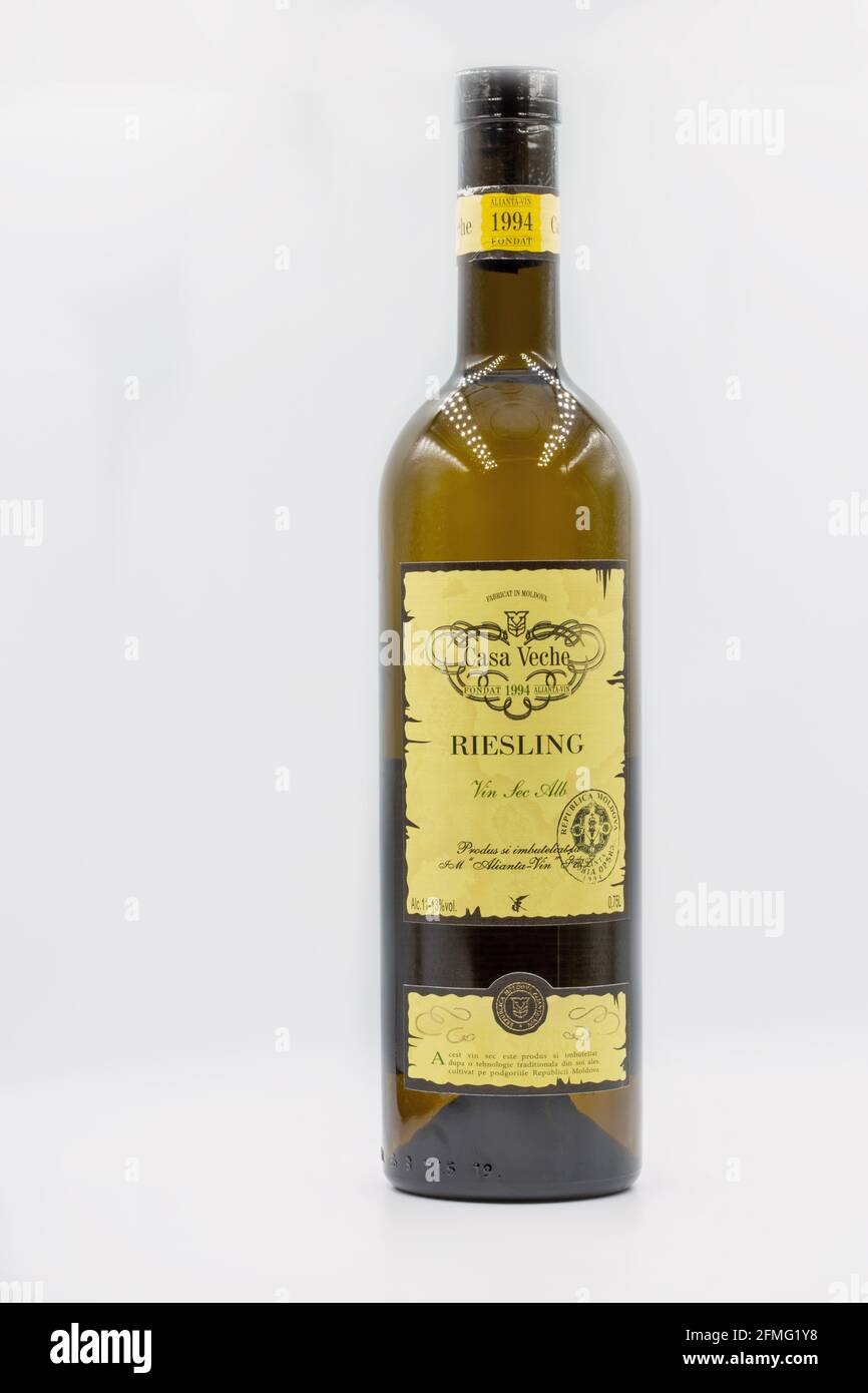 KYIV, UKRAINE - FEBRUARY 27, 2021: Riesling white dry wine bottle from Casa Veche Moldavian winery closeup against white background. Stock Photo