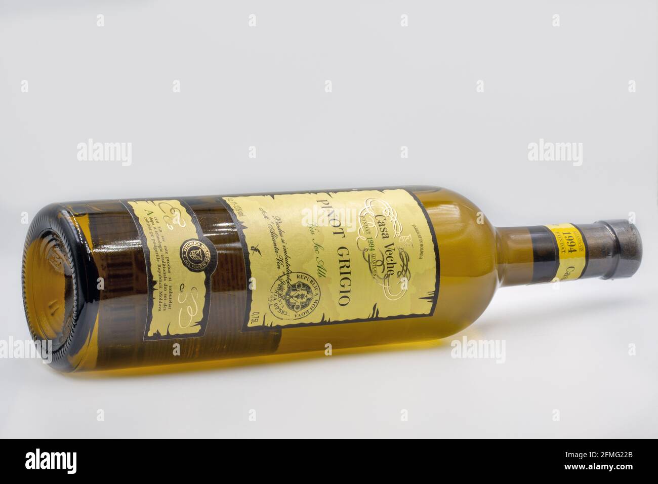 KYIV, UKRAINE - FEBRUARY 27, 2021: Pinot Grigio white dry wine bottle from Casa Veche Moldavian winery closeup against white background. Stock Photo