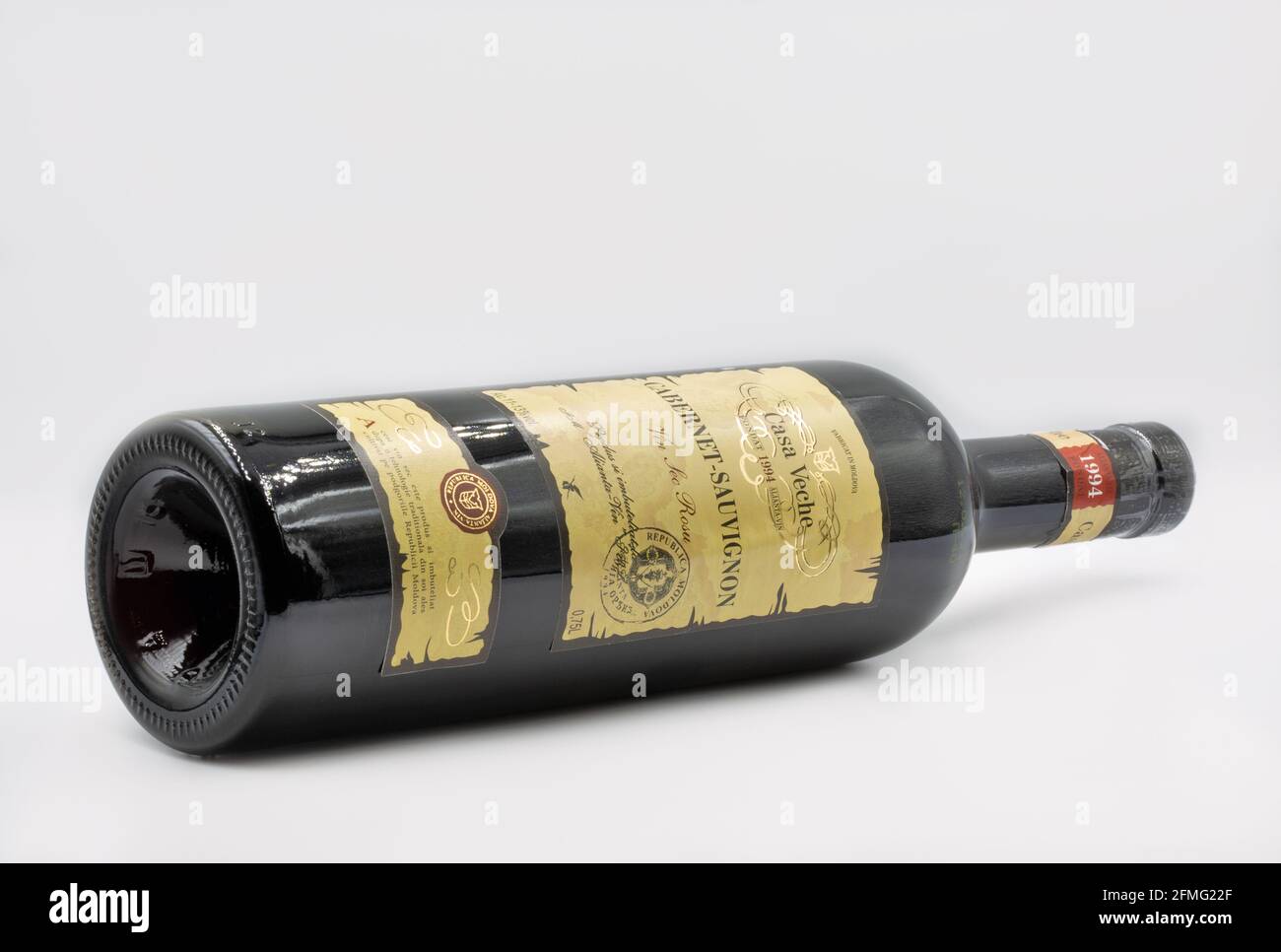 KYIV, UKRAINE - FEBRUARY 27, 2021: Cabernet Sauvignon red wine bottle from Casa Veche Moldavian winery closeup against white background. Stock Photo