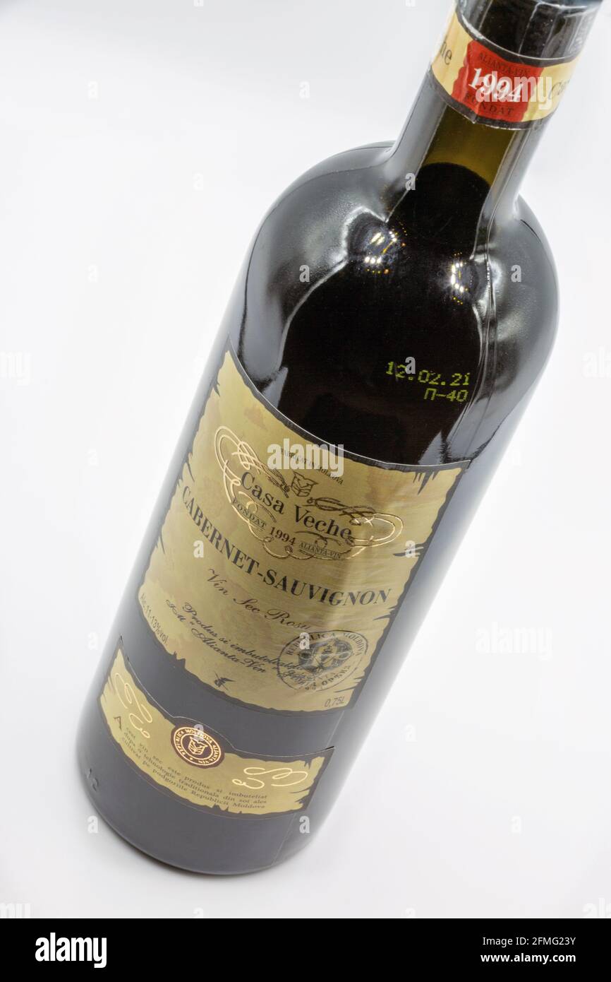 KYIV, UKRAINE - FEBRUARY 27, 2021: Cabernet Sauvignon red wine bottle from Casa Veche Moldavian winery closeup against white background. Stock Photo