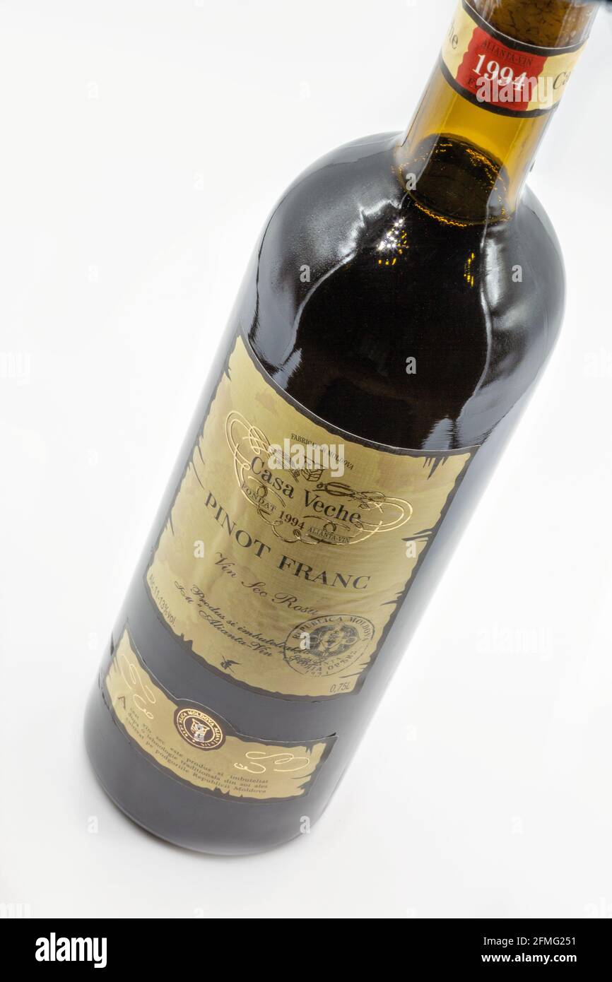 KYIV, UKRAINE - FEBRUARY 27, 2021: Pinot Franc red wine bottle from Casa Veche Moldavian winery closeup against white background. Stock Photo