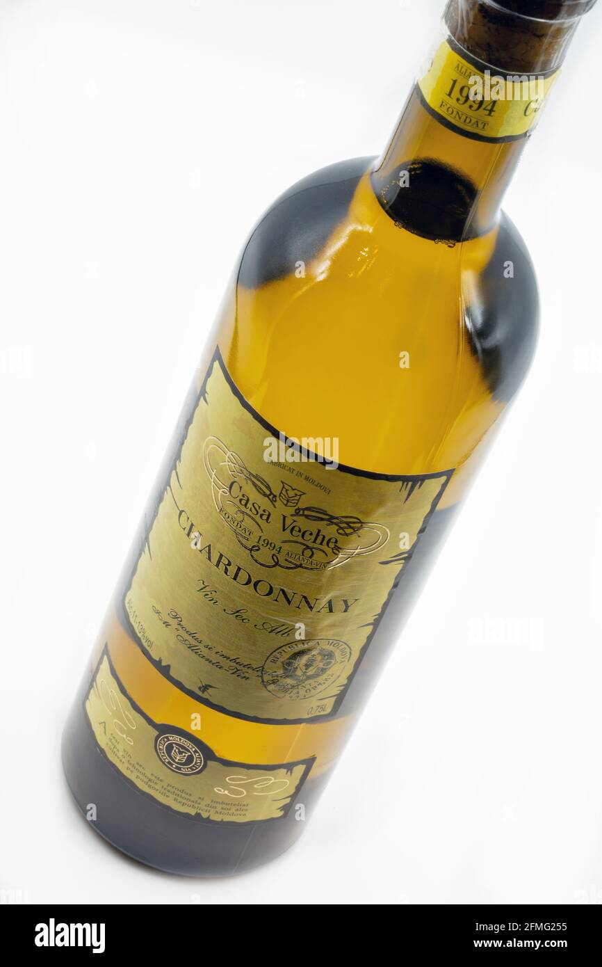 KYIV, UKRAINE - FEBRUARY 27, 2021: Chardonnay white dry wine bottle from Casa Veche Moldavian winery closeup against white background. Stock Photo