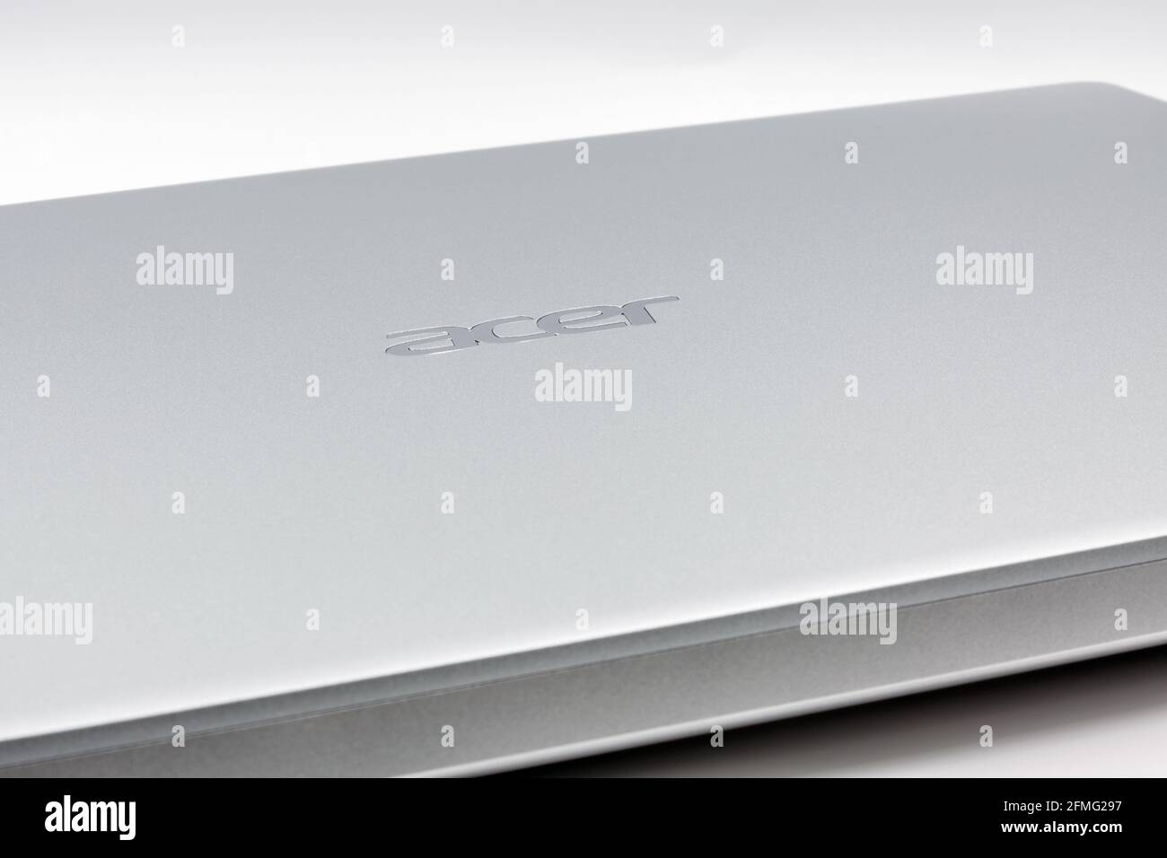 KIEV, UKRAINE - MARCH 02, 2021: Acer logo closeup on laptope metal